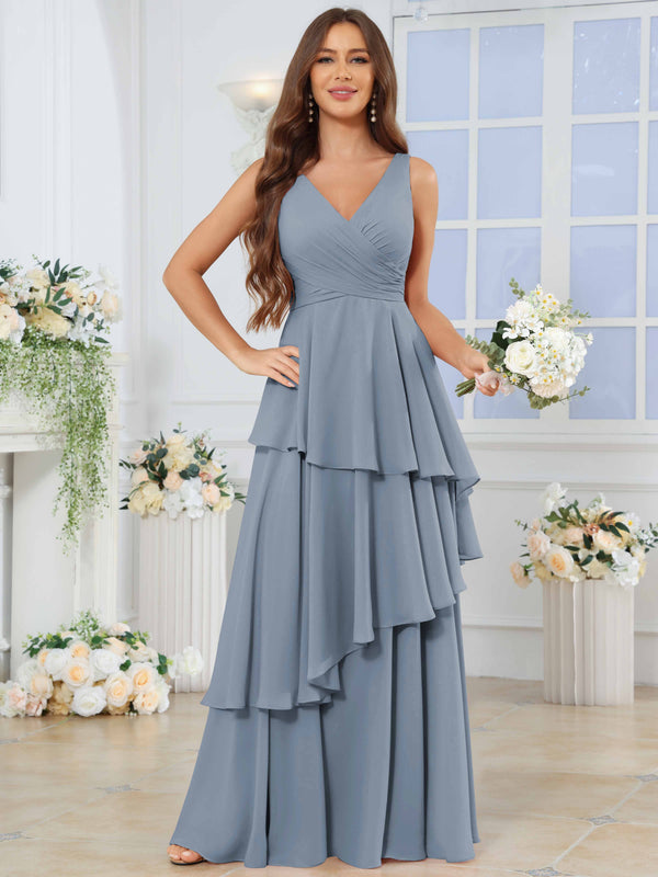 Dusty Blue Long Sleeveless V-Neck Tiered Pleated Chiffon Bridesmaid Dress