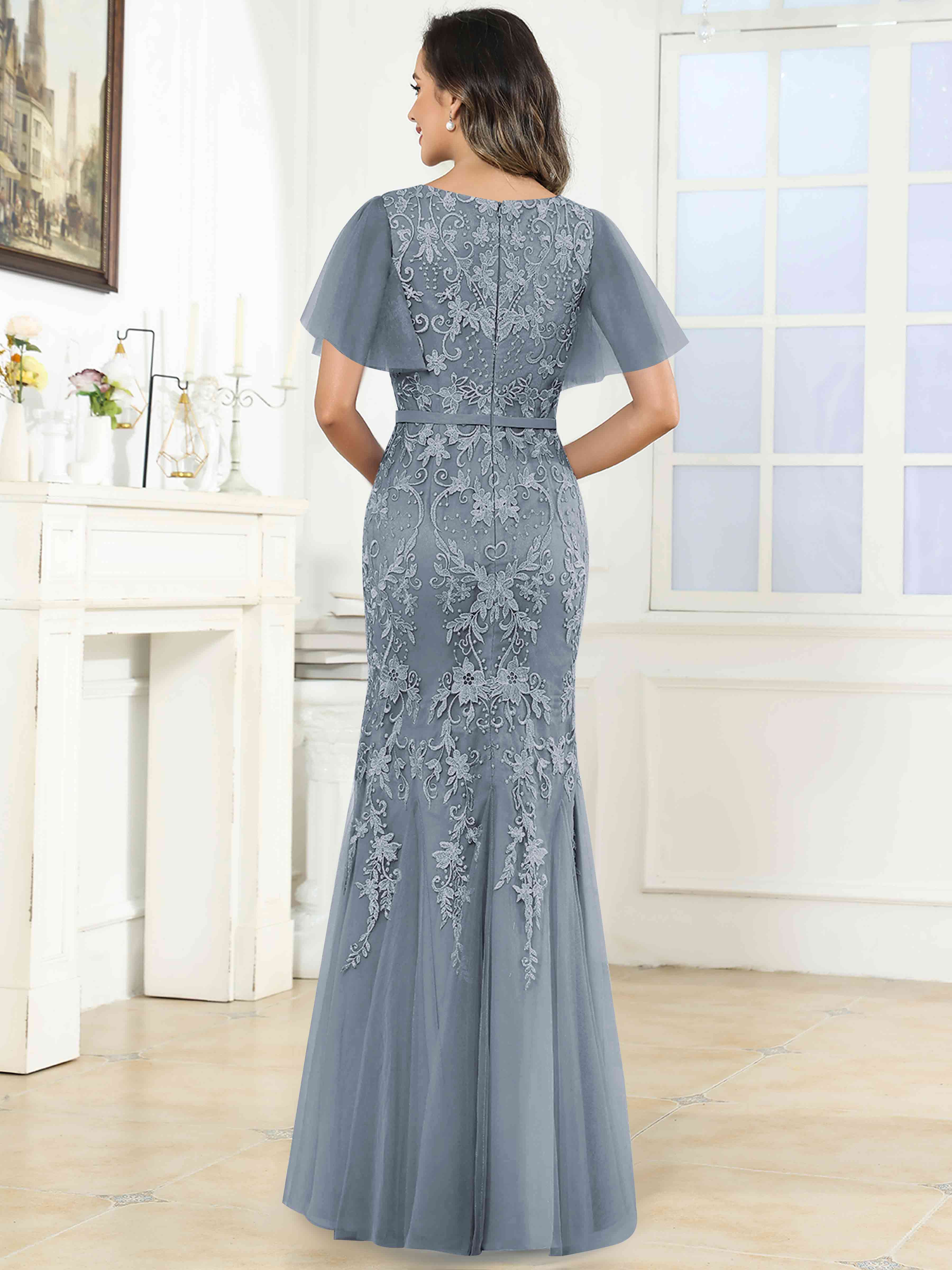 ROVDESY Elegant V-Neck Lace Mermaid Long Mother Of The Bride Dress Formal Gown With Sleeves