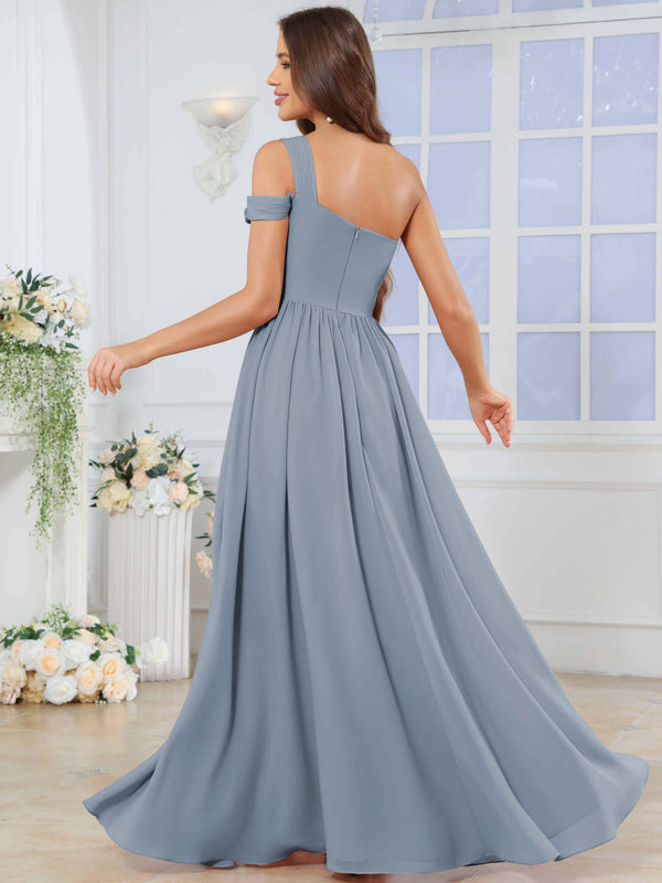 One Shoulder Pleated Chiffon Bridesmaid Dress With Slit