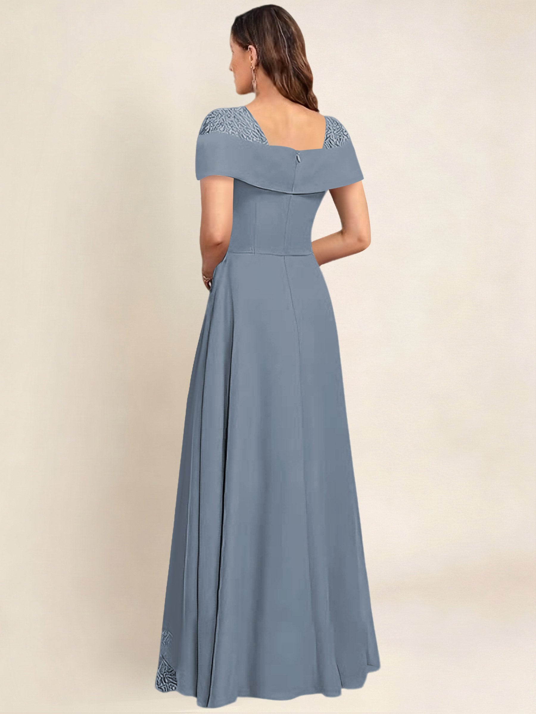 ROVDESY A-Line Off The Shoulder Lace Chiffon Long Mother of the Bride Dress Formal Gown