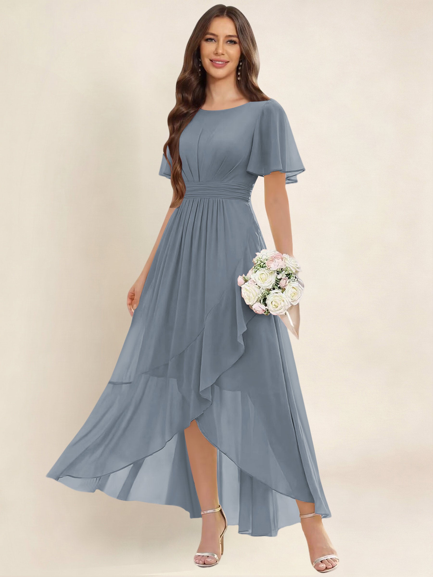 ROVDESY A-Line High Low Round Neck Pleated Ruffle Chiffon Bridesmaid Dress With Short Sleeves