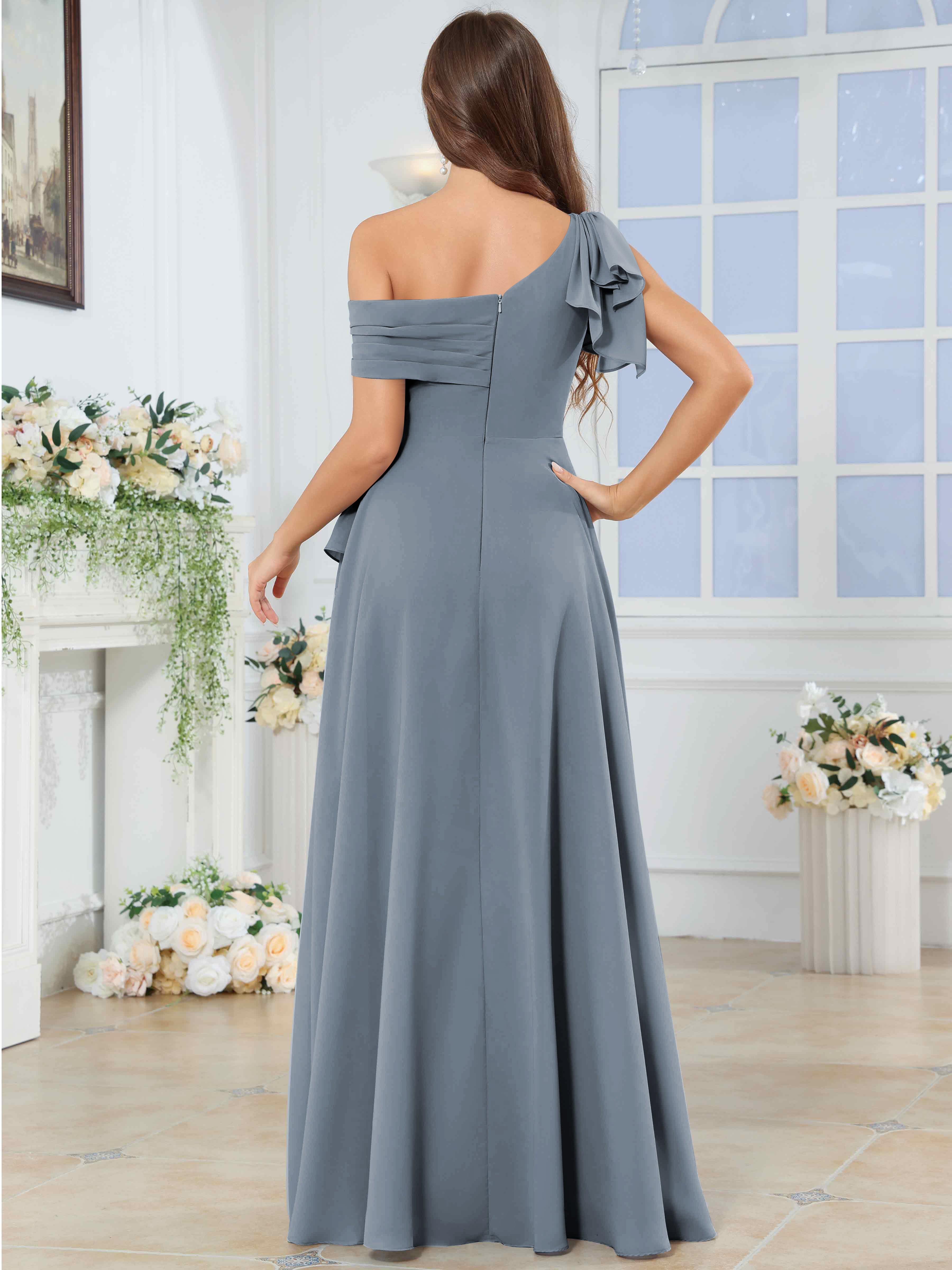 ROVDESY One Shoulder Pleated Ruffle Chiffon Bridesmaid Dress With Slit
