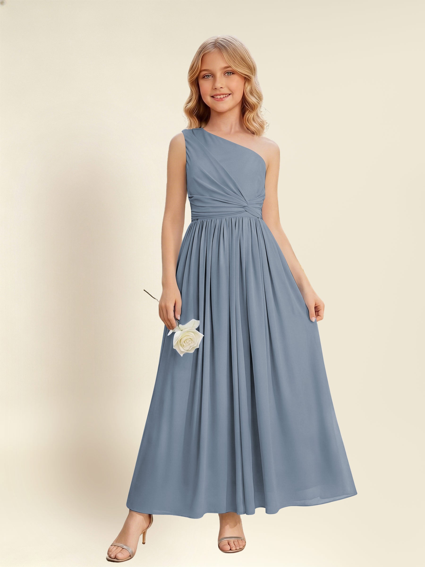 ROVDESY One Shoulder Twist Waist Chiffon Junior Bridesmaid Maxi Dress
