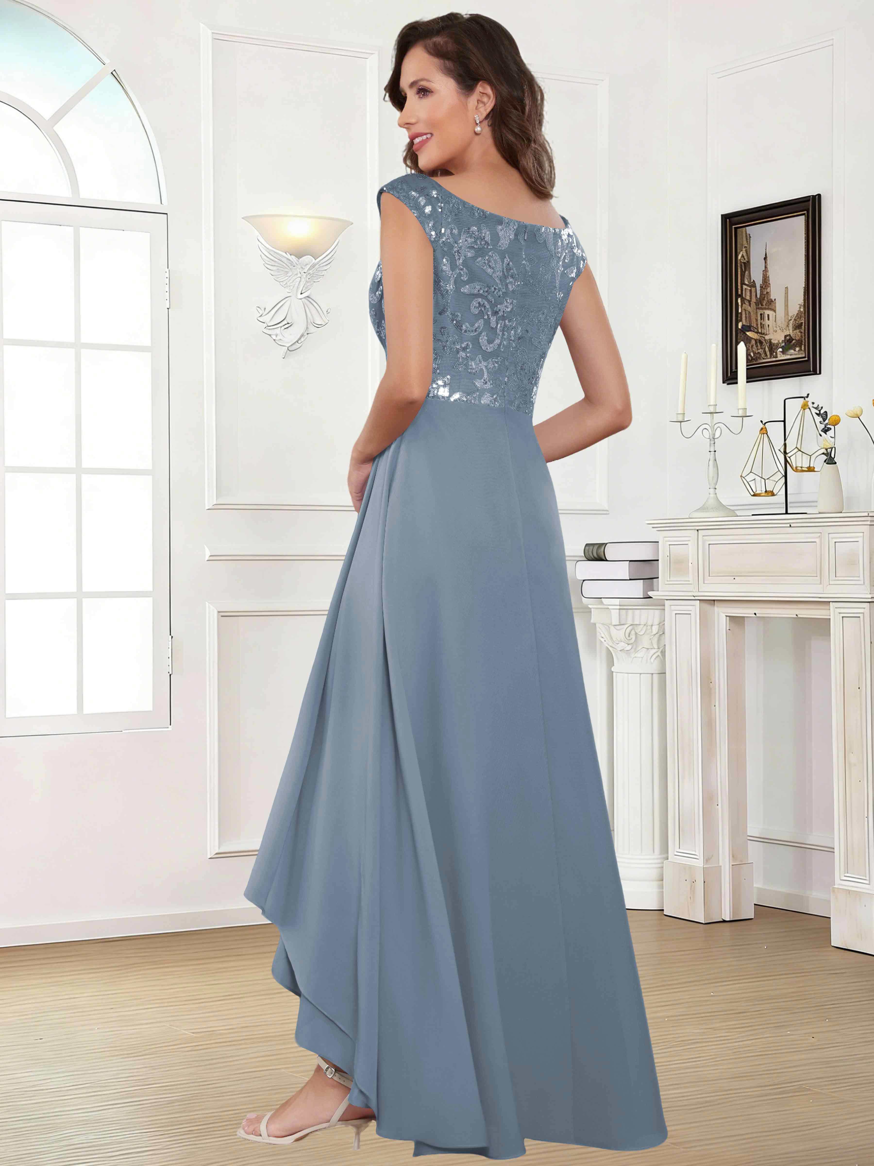ROVDESY Tea Length Off-The-Shoulder Sequin Chiffon Mother Of The Bride Dress