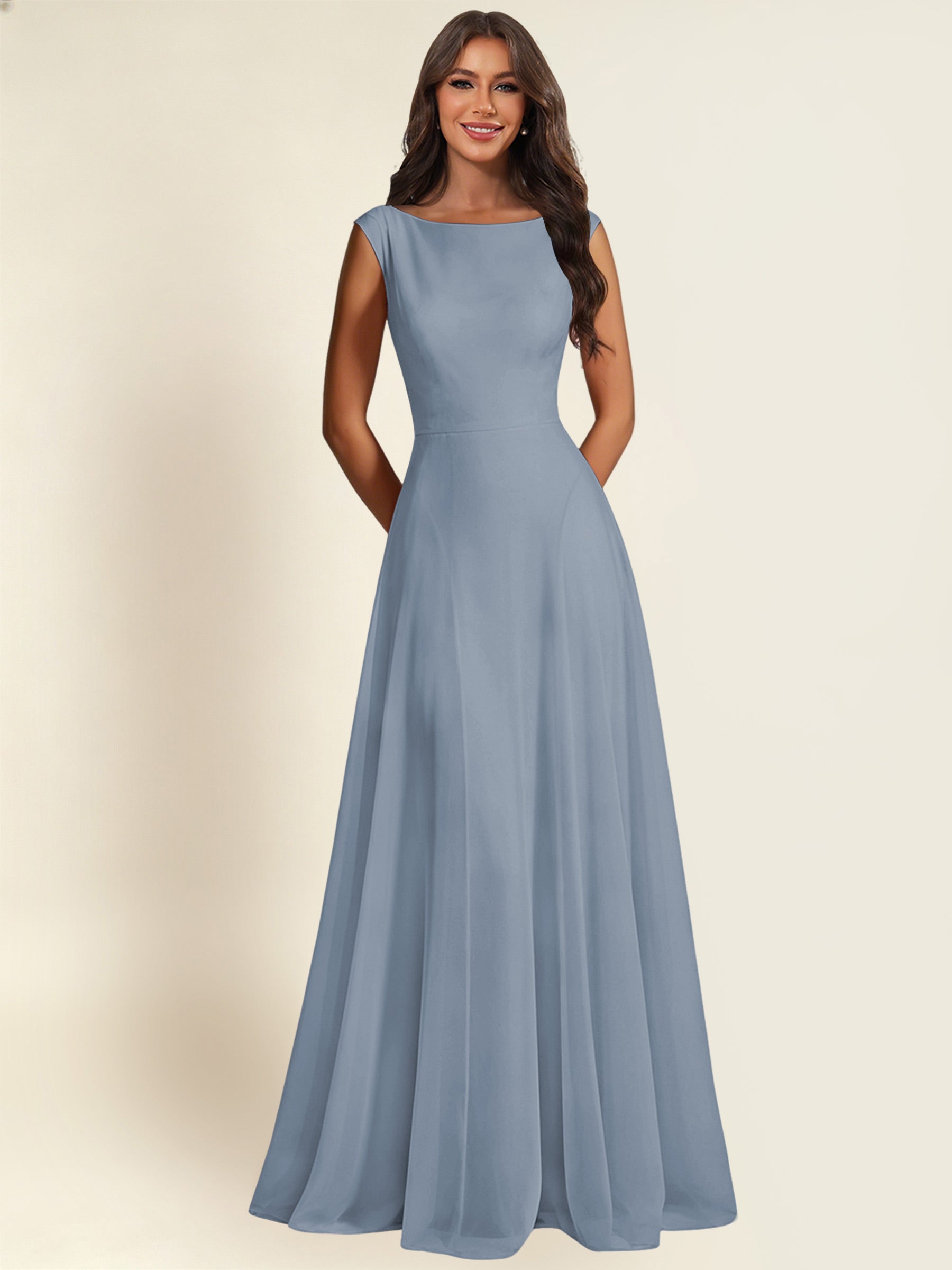 ROVDESY A-Line Chiffon Long Bridesmaid Dress With Sleeveless