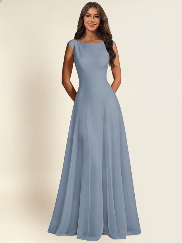 Dusty Blue A-Line Chiffon Long Bridesmaid Dress With Sleeveless