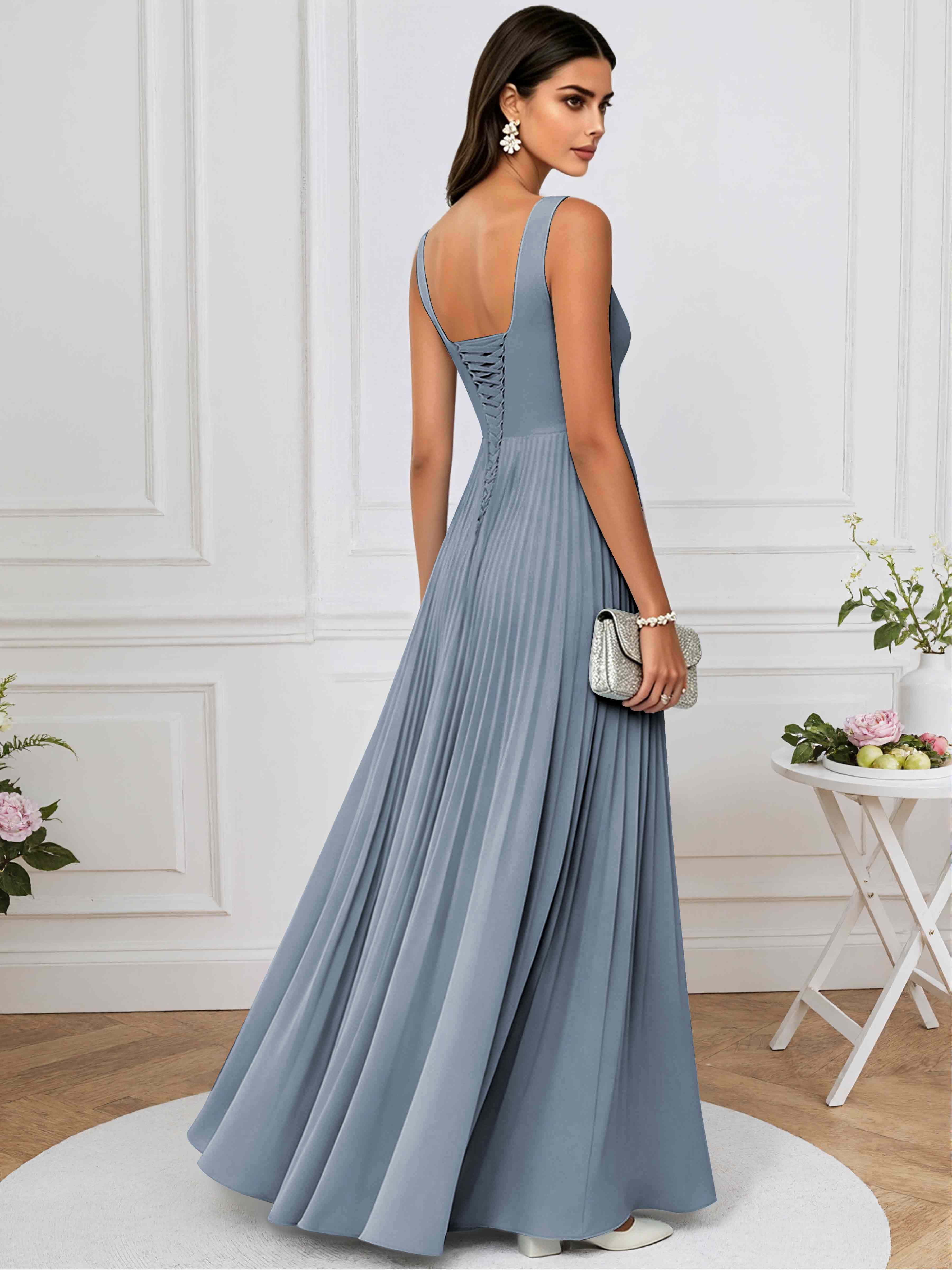 ROVDESY A-Line Square Neck Pleated Chiffon Long Bridesmaid/Prom Dress