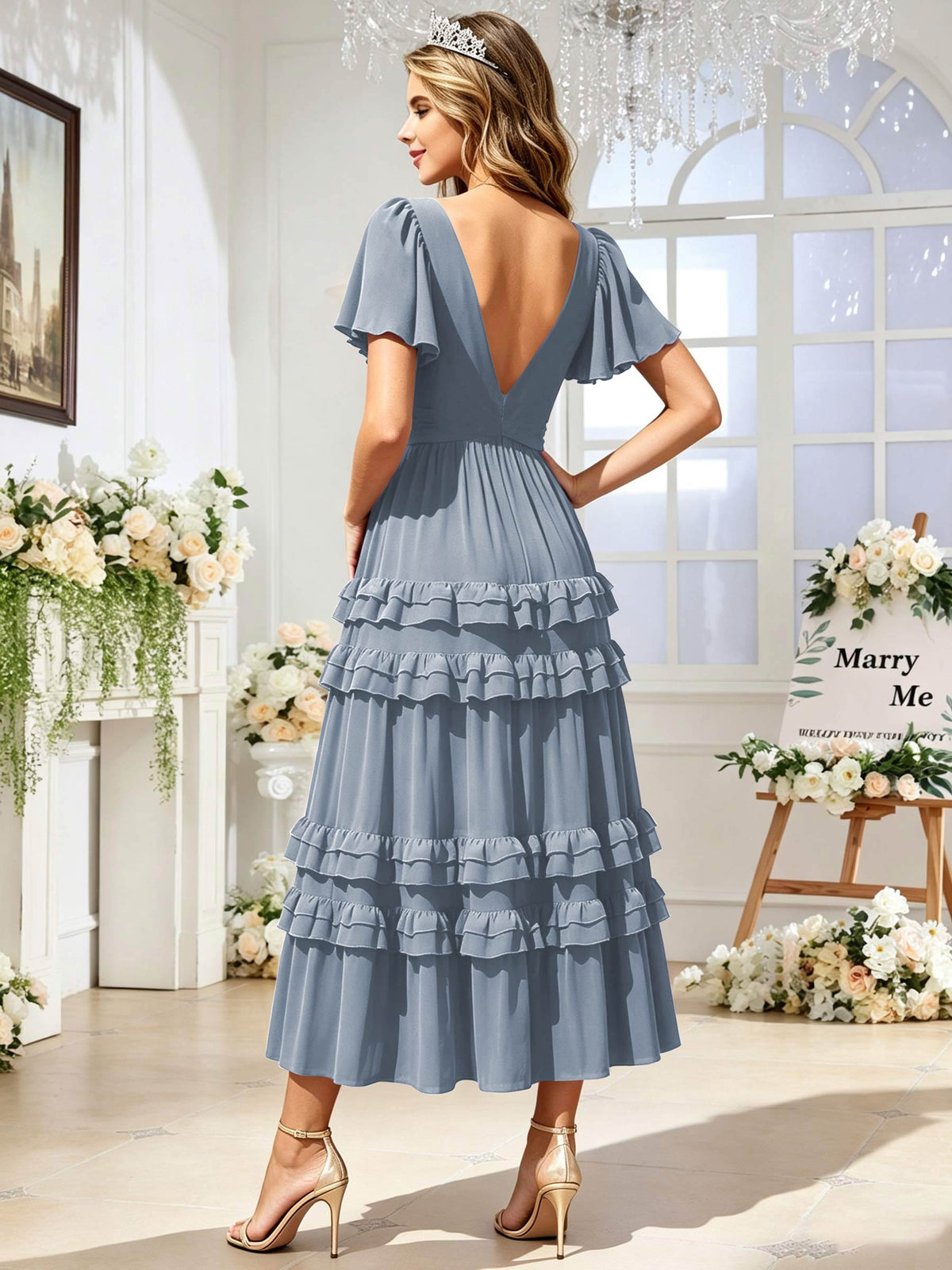 A Line Chiffon Pleated Bridesmaid Dress with Sleeves