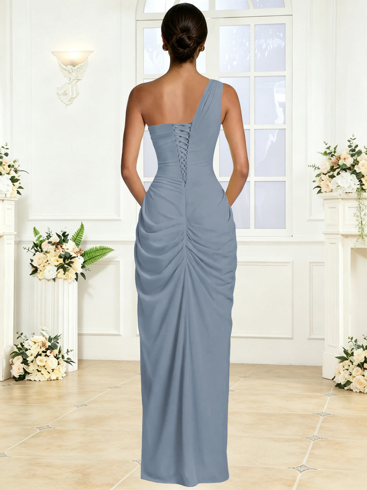 One Shoulder Chiffon Mermaid Long Bridesmaid Dress with Slit