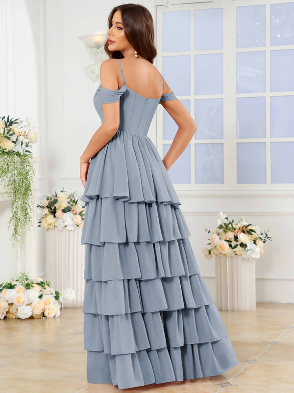 A-Line Off The Shoulder Tiered Chiffon Bridesmaid/Prom Dress With Slit