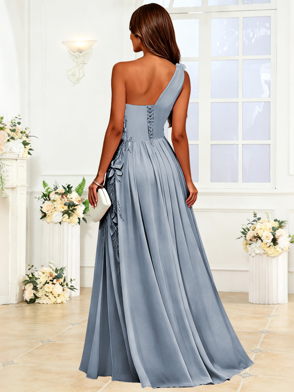 One Shoulder 3D Flower Chiffon Bridesmaid Dress with Slit