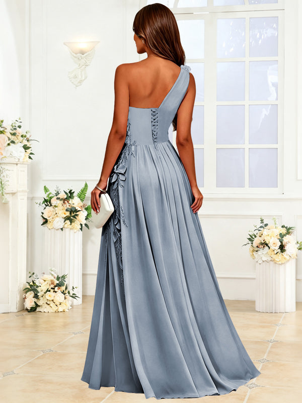 One Shoulder 3D Flower Chiffon Bridesmaid Dress with Slit