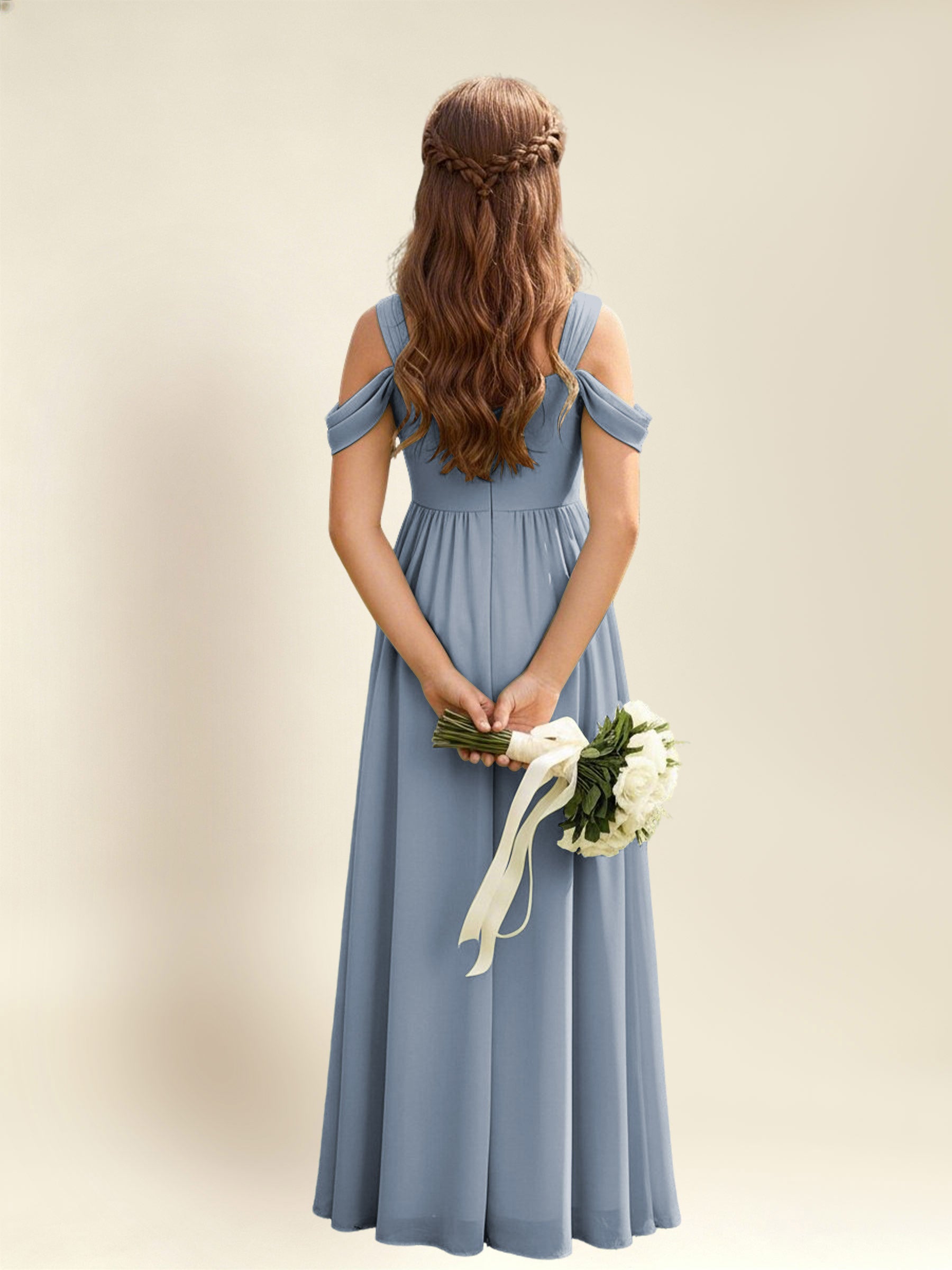 ROVDESY A-Line Off The Shoulder Pleated Chiffon Junior Bridesmaid Dress