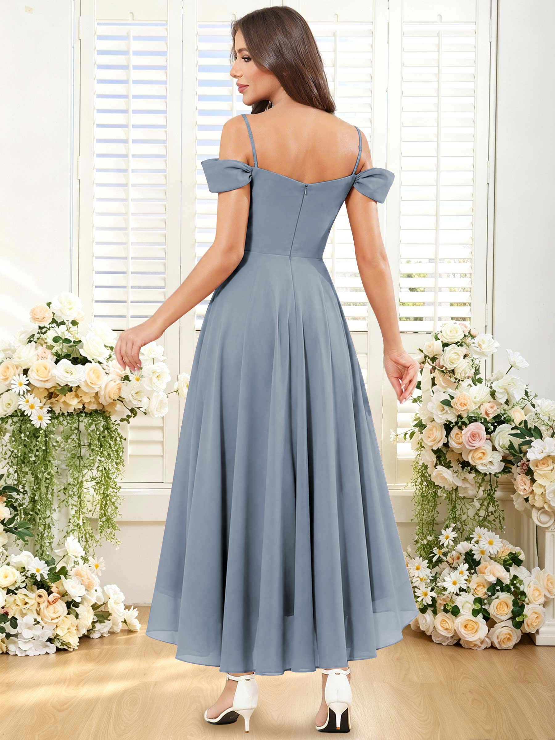 ROVDESY ROVDESY Short Cold Shoulder Sweetheart High Low Pleated Chiffon Bridesmaid Dress