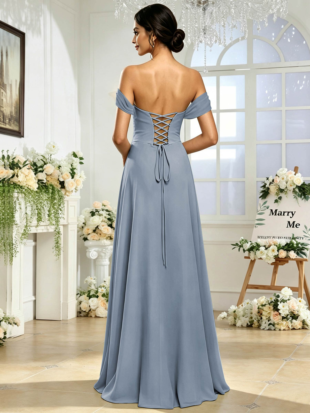 Off the Shoulder Chiffon A Line Long Bridesmaid Dress with Slit