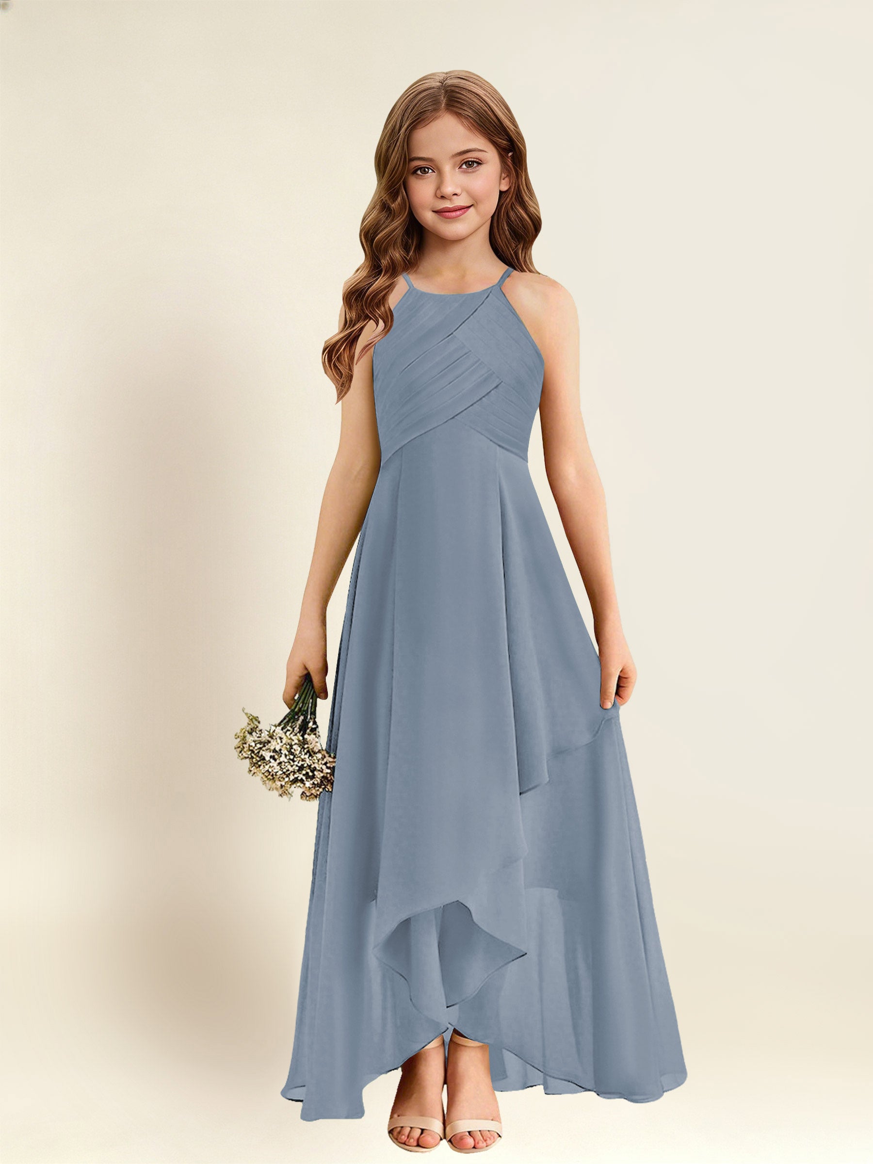 ROVDESY A-Line Halter Pleated Chiffon Junior Bridesmaid Dress