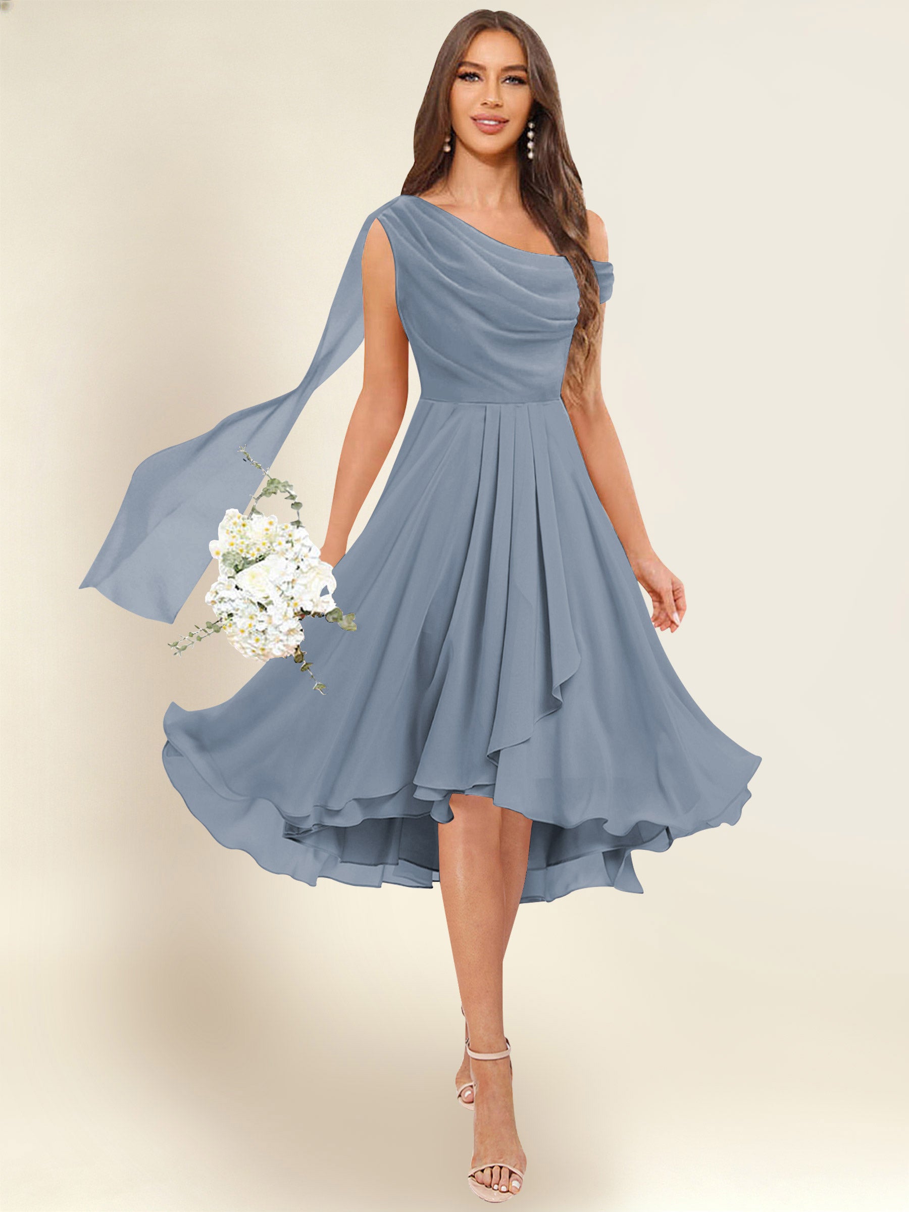 ROVDESY A-Line One Shoulder Pleated Chiffon Bridesmaid Dress With Flowing Sash