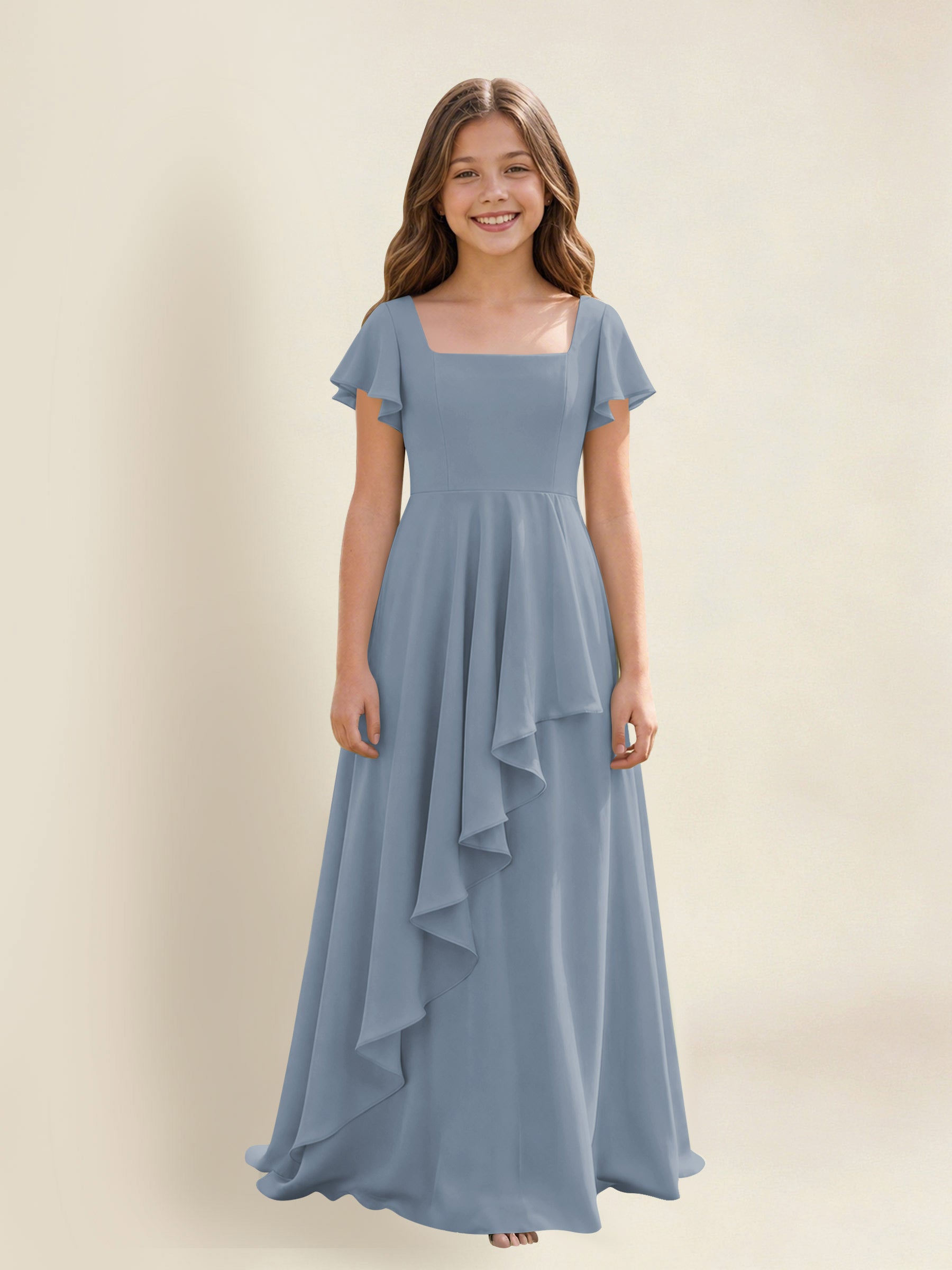 ROVDESY A-Line Square Neck Ruffle Chiffon Junior Bridesmaid Dress With Short Sleeves