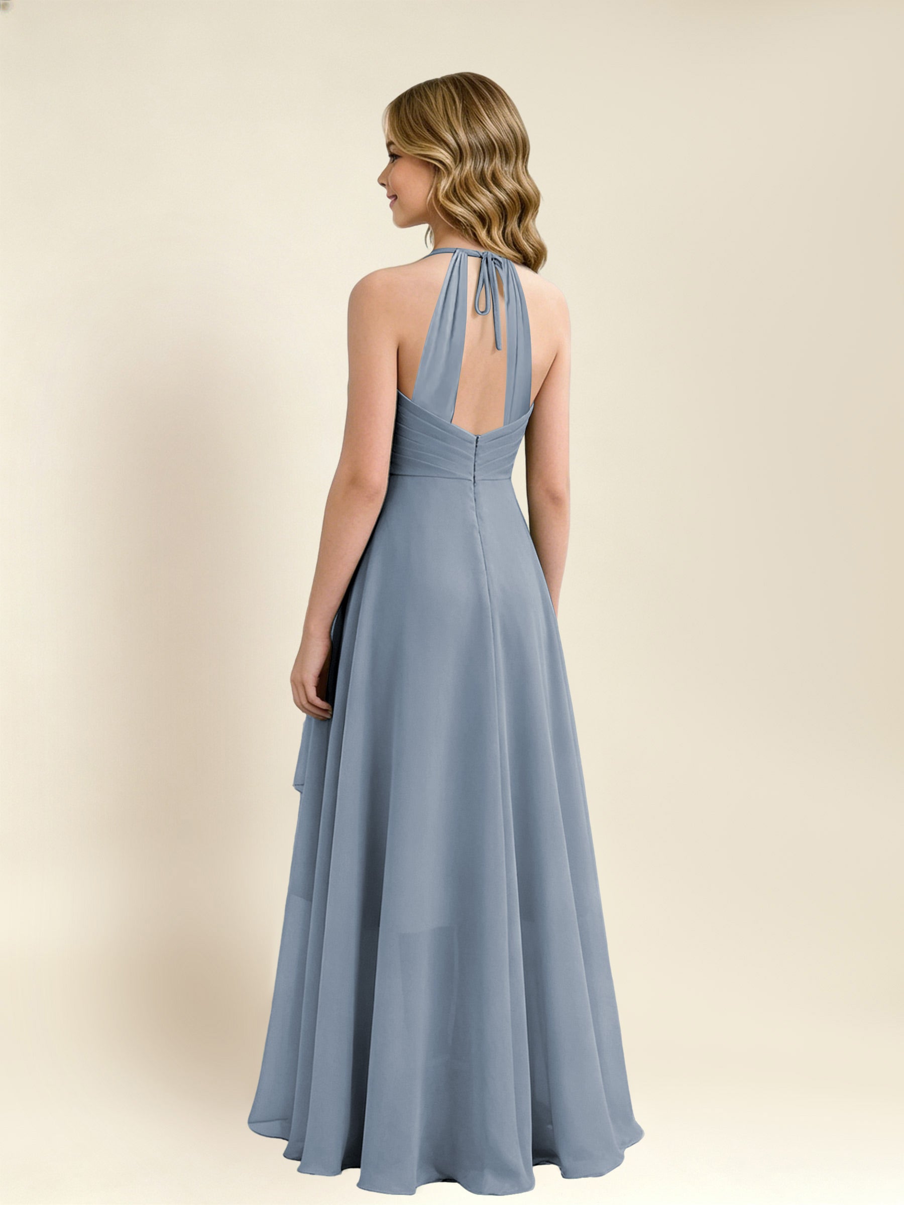 ROVDESY A-Line Halter Pleated Chiffon Junior Bridesmaid Dress