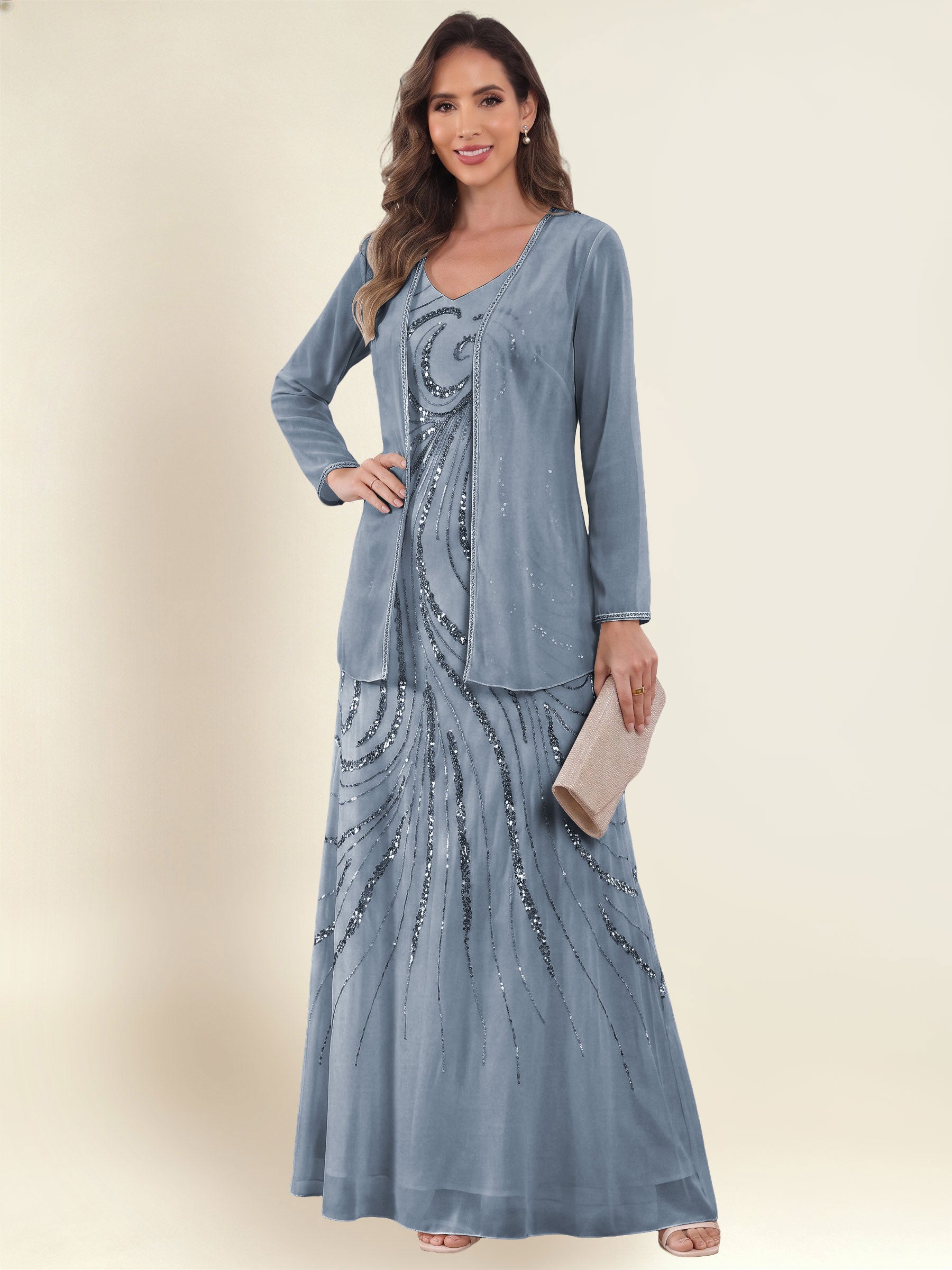 ROVDESY 2 Pieces V-Neck Sequin Chiffon Long Mother Of The Bride Dress With Long Sleeve Jacket