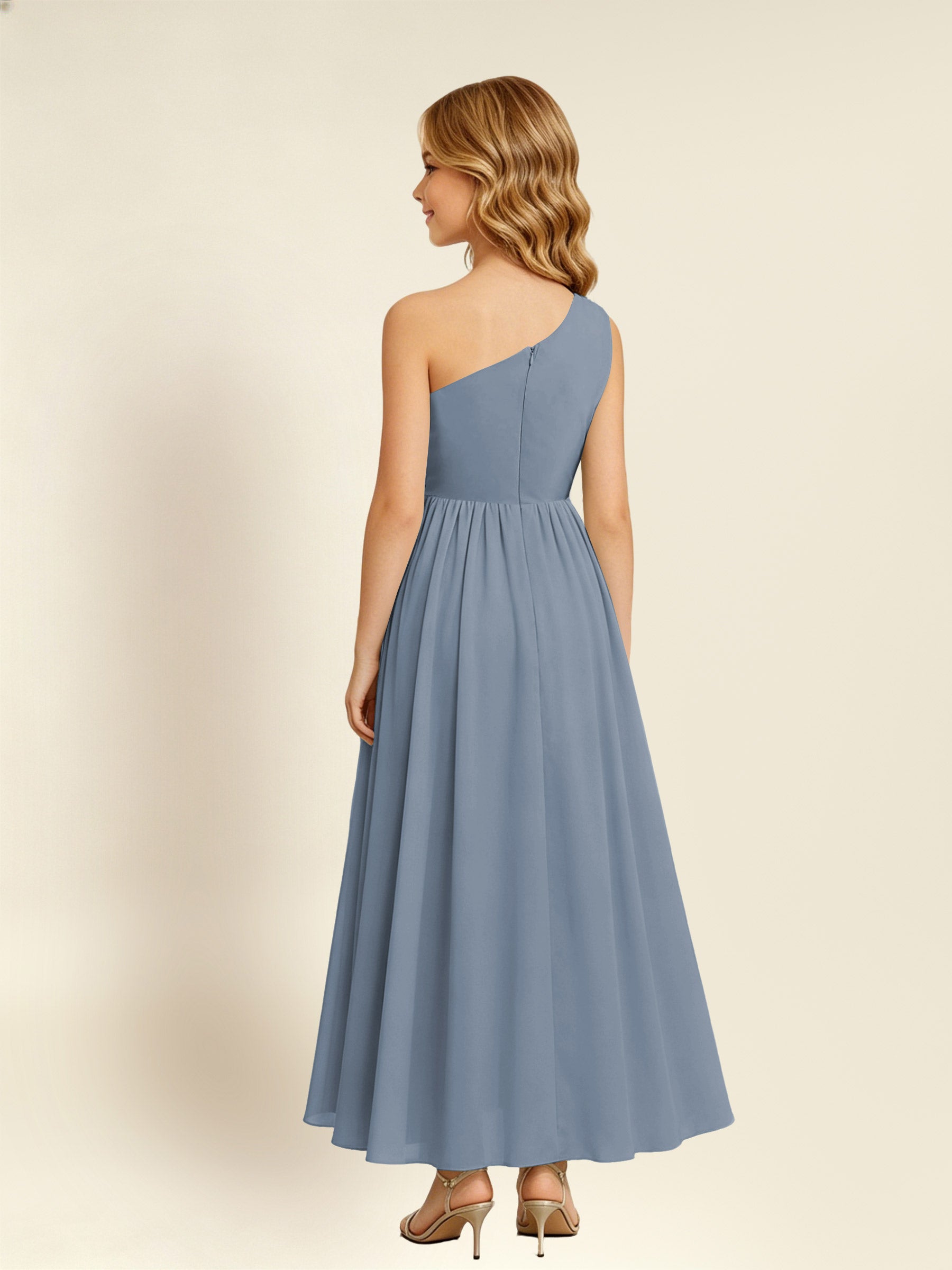 ROVDESY One Shoulder Twist Waist Chiffon Junior Bridesmaid Maxi Dress