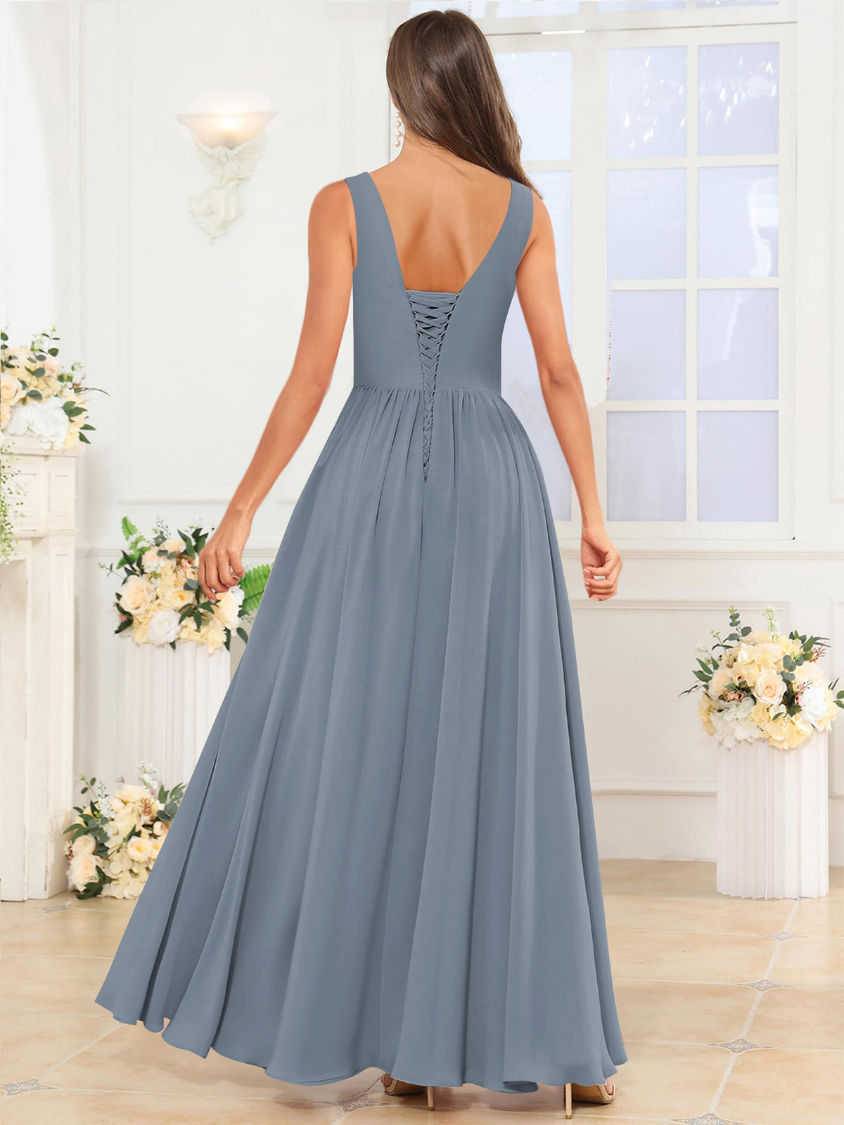 V Neck Chiffon A Line Bridesmaid Dress with Slit