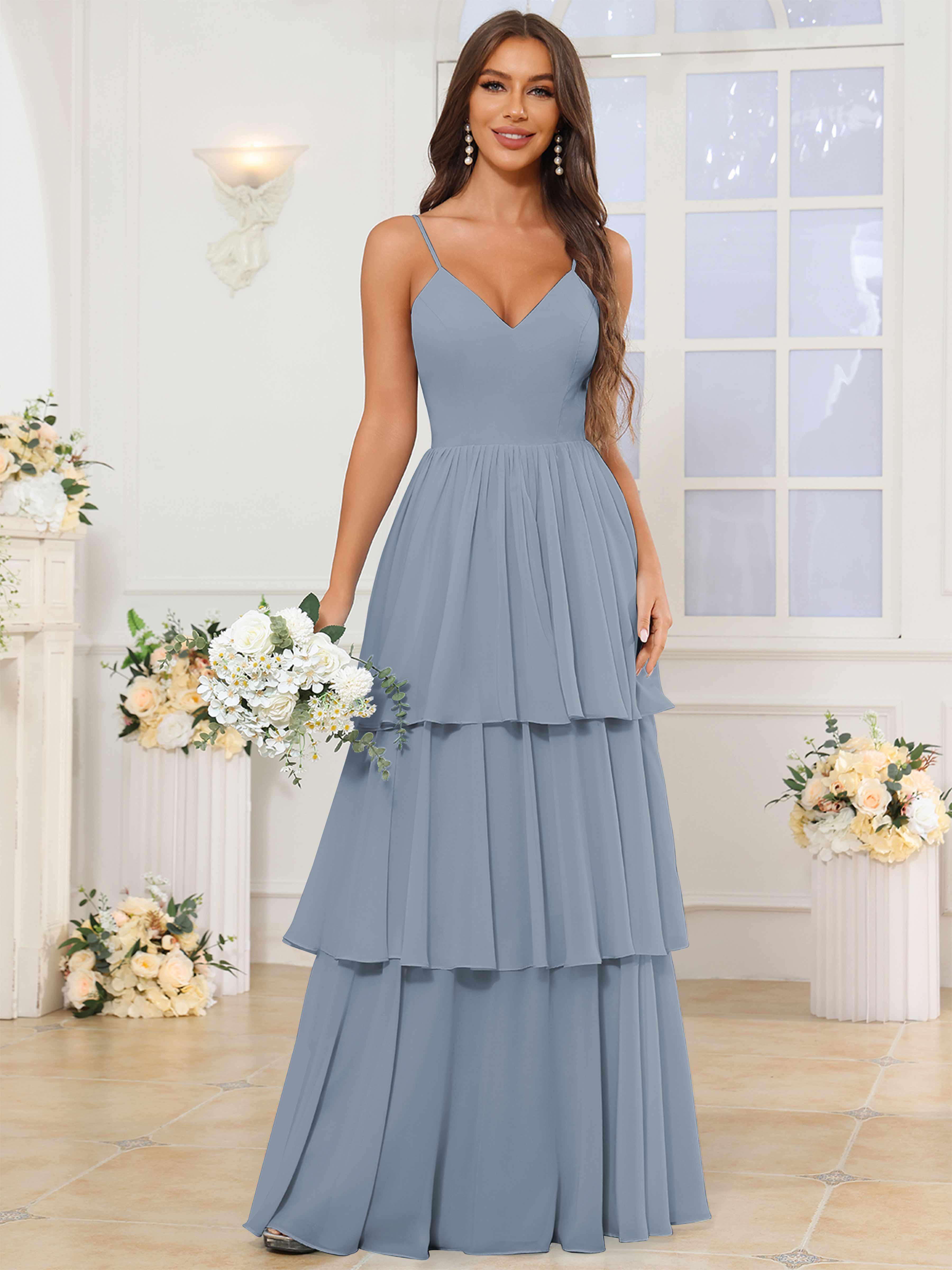 ROVDESY V-Neck Spaghetti Straps Tiered Chiffon Bridesmaid Dress With Ruffles