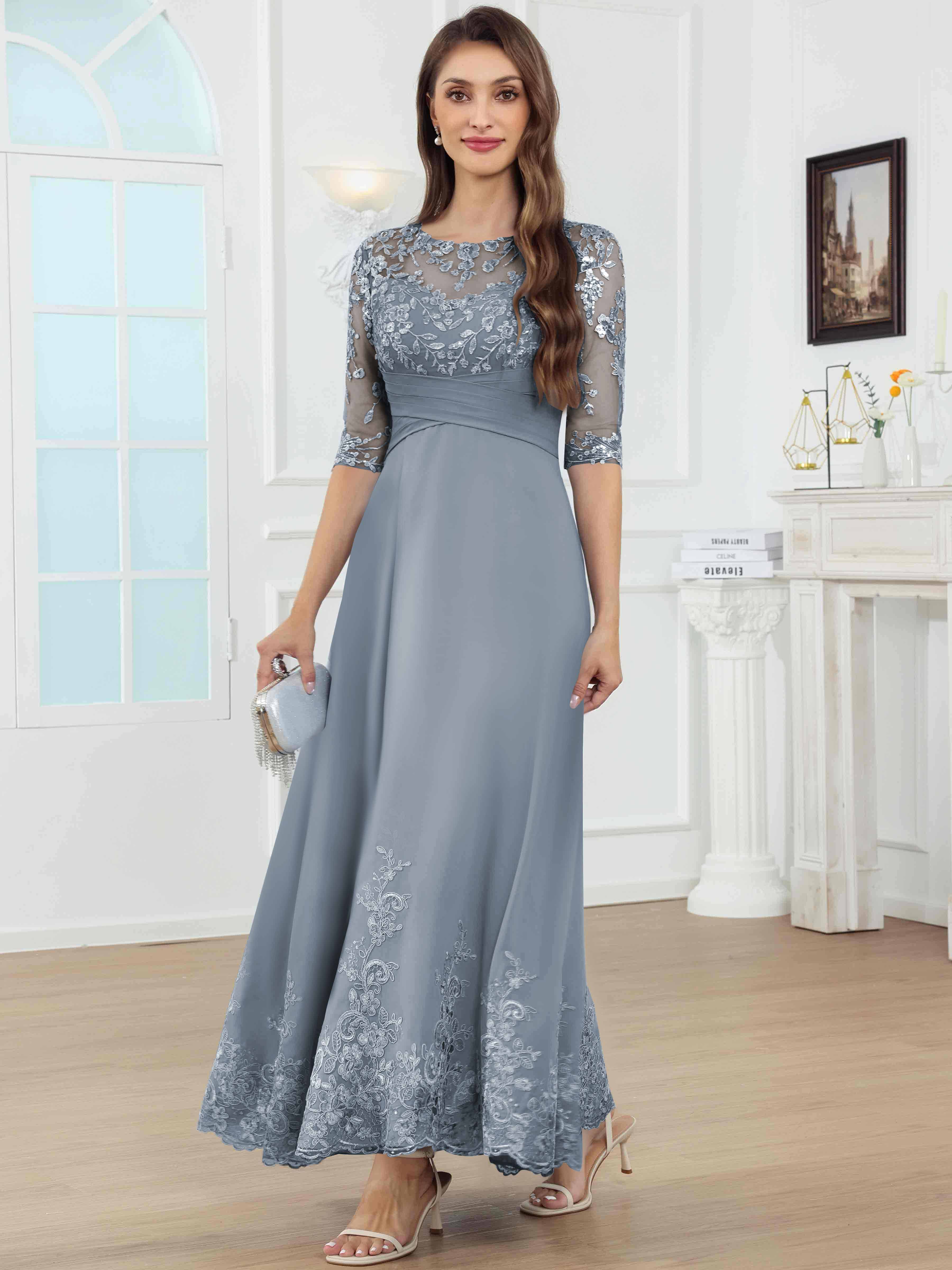 ROVDESY A-Line Lace Sequin Pleated Chiffon Mother Of The Bride Dress With Half Sleeves