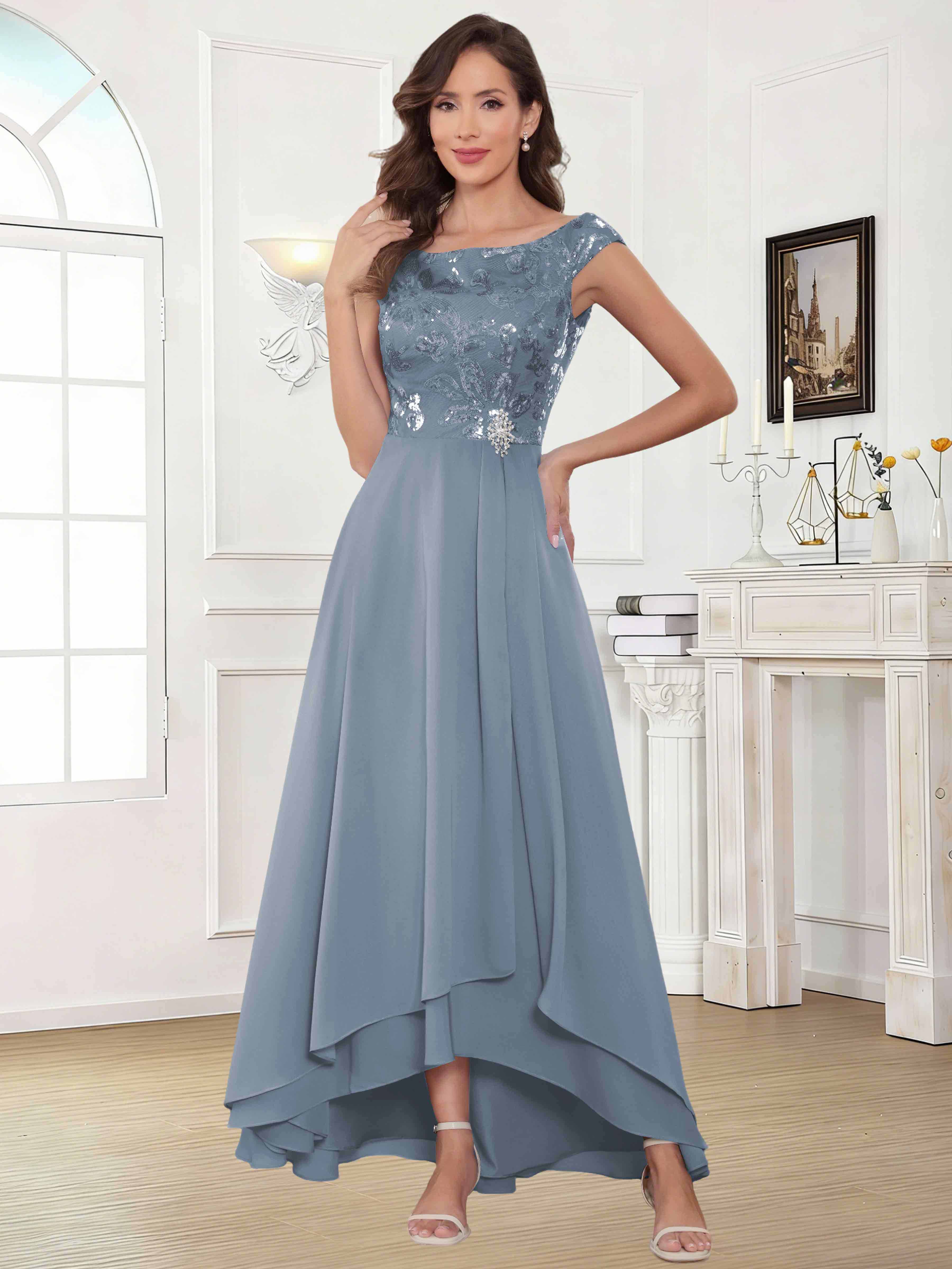 ROVDESY Tea Length Off-The-Shoulder Sequin Chiffon Mother Of The Bride Dress