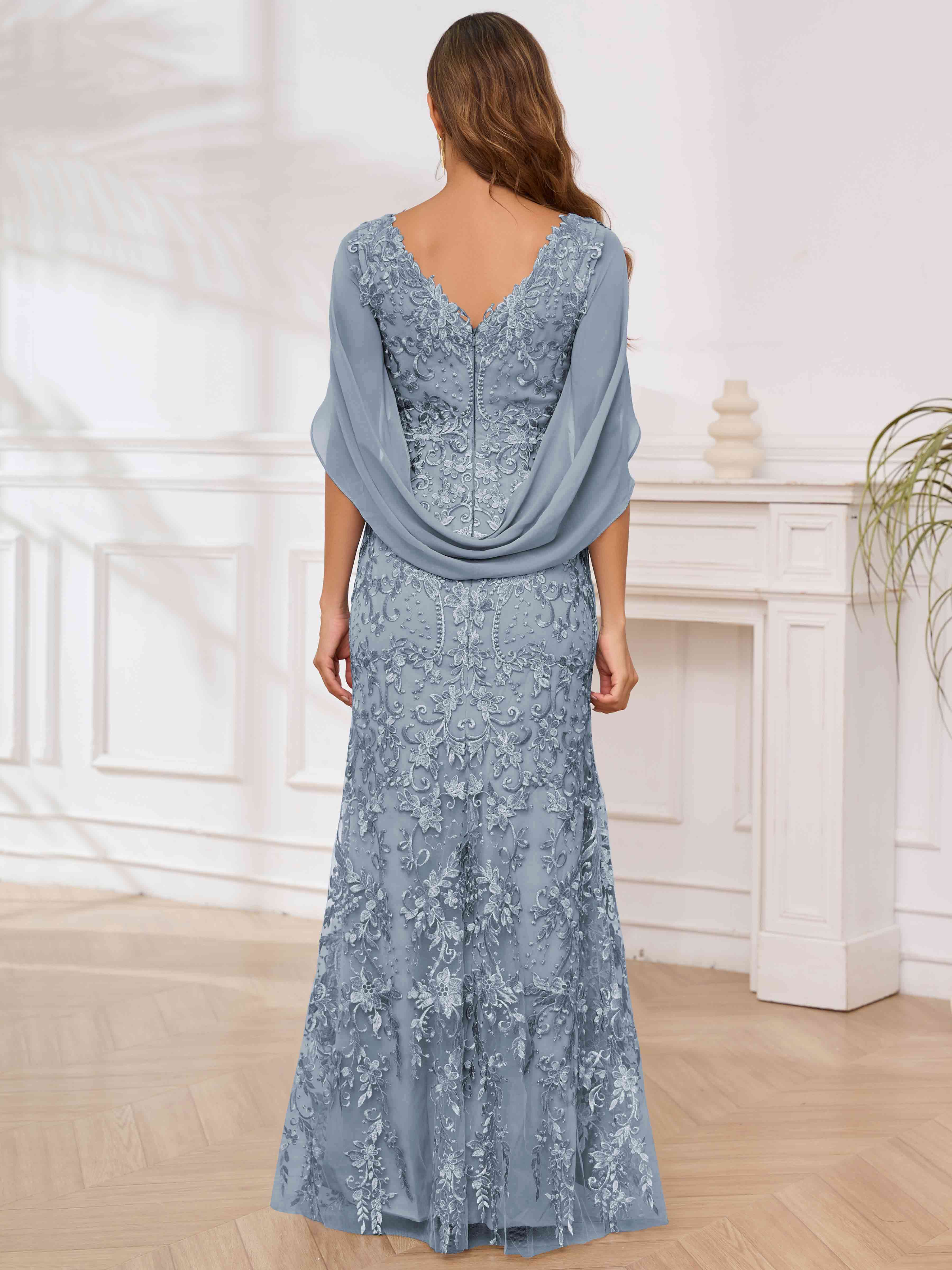 ROVDESY V-Neck Lace Mermaid Mother Of The Bride Dress With Cape Sleeves Long Formal Gown