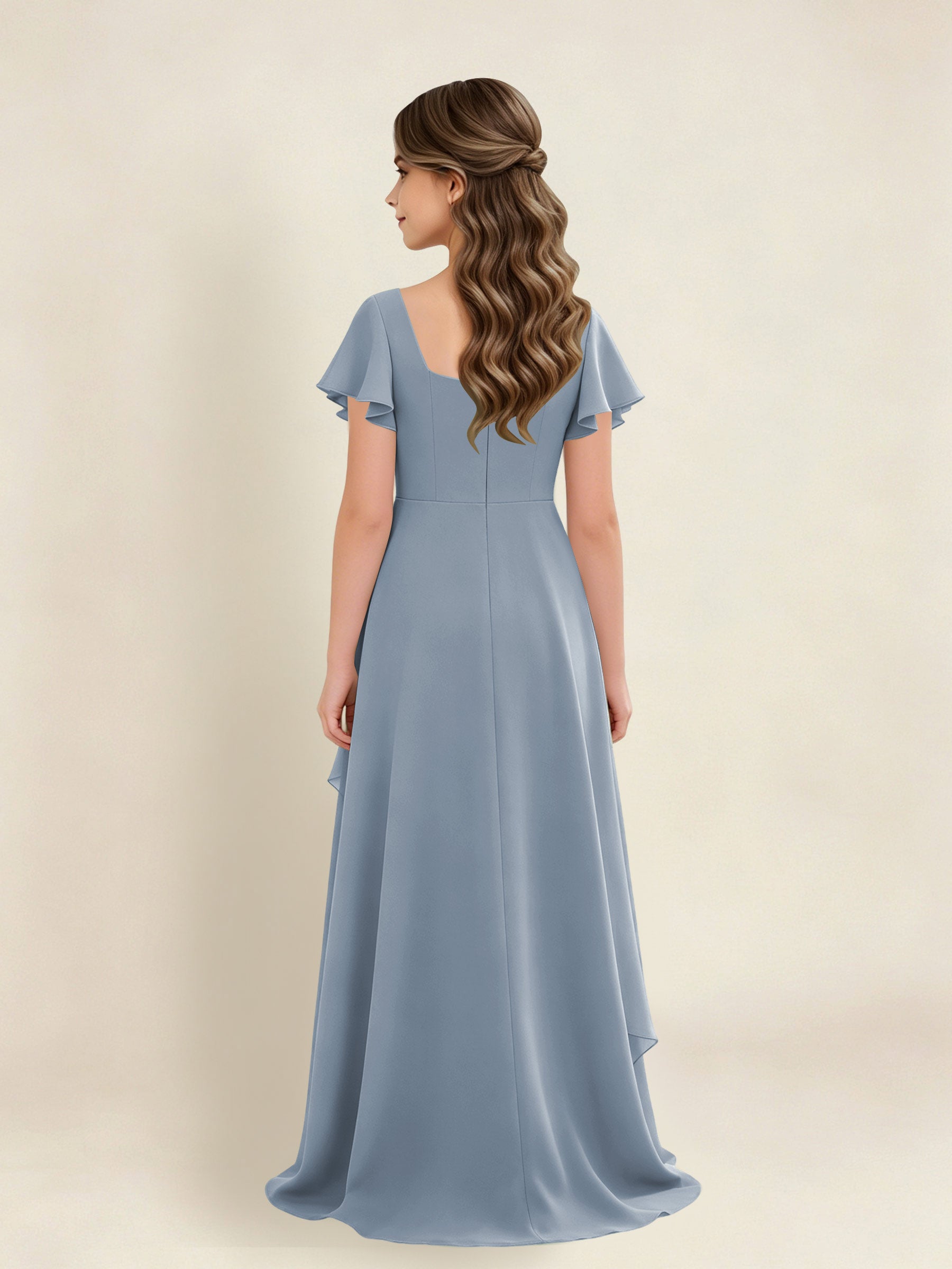ROVDESY A-Line Square Neck Ruffle Chiffon Junior Bridesmaid Dress With Short Sleeves
