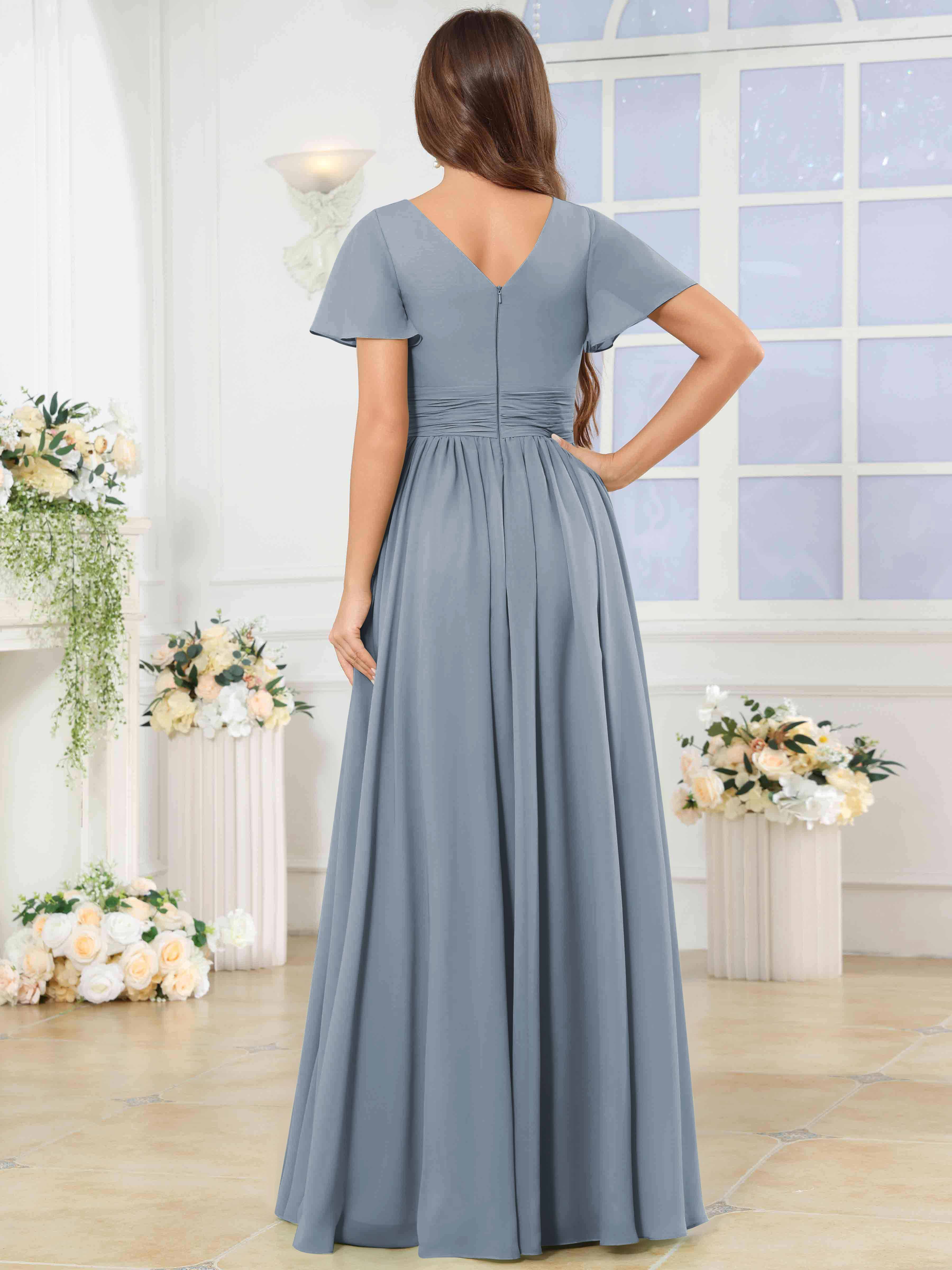 ROVDESY A-Line V-Neck Slit Pleated Ruffle Chiffon Bridesmaid Dress With Short Sleeves