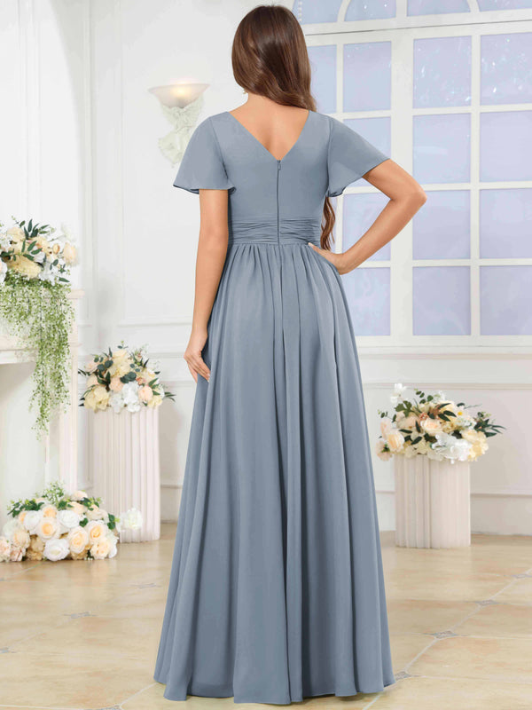 A-Line V-Neck Slit Pleated Ruffle Chiffon Bridesmaid Dress With Short Sleeves