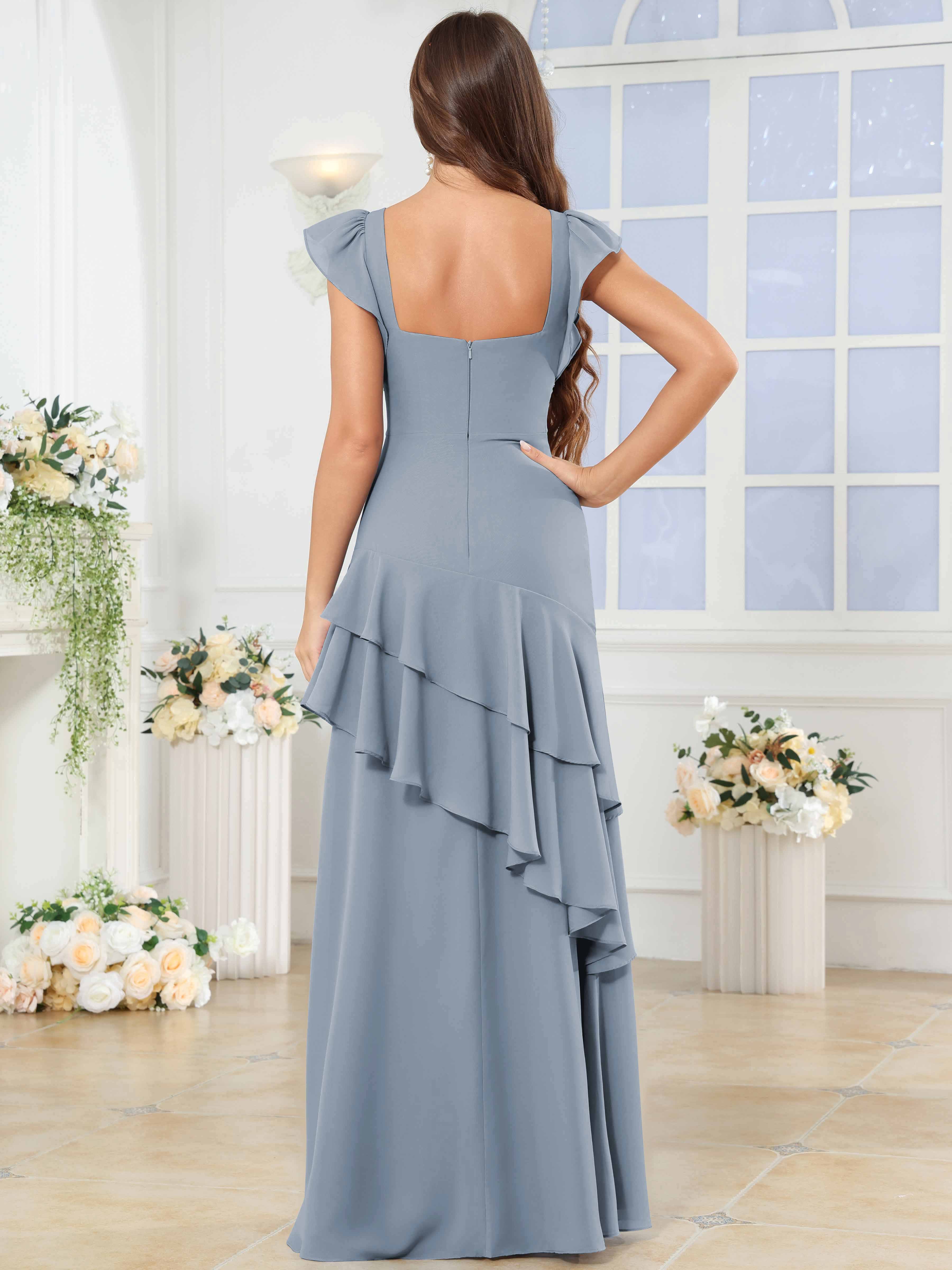 ROVDESY Sweetheart Tiered Ruffle Chiffon Bridesmaid Dress With Short Sleeves