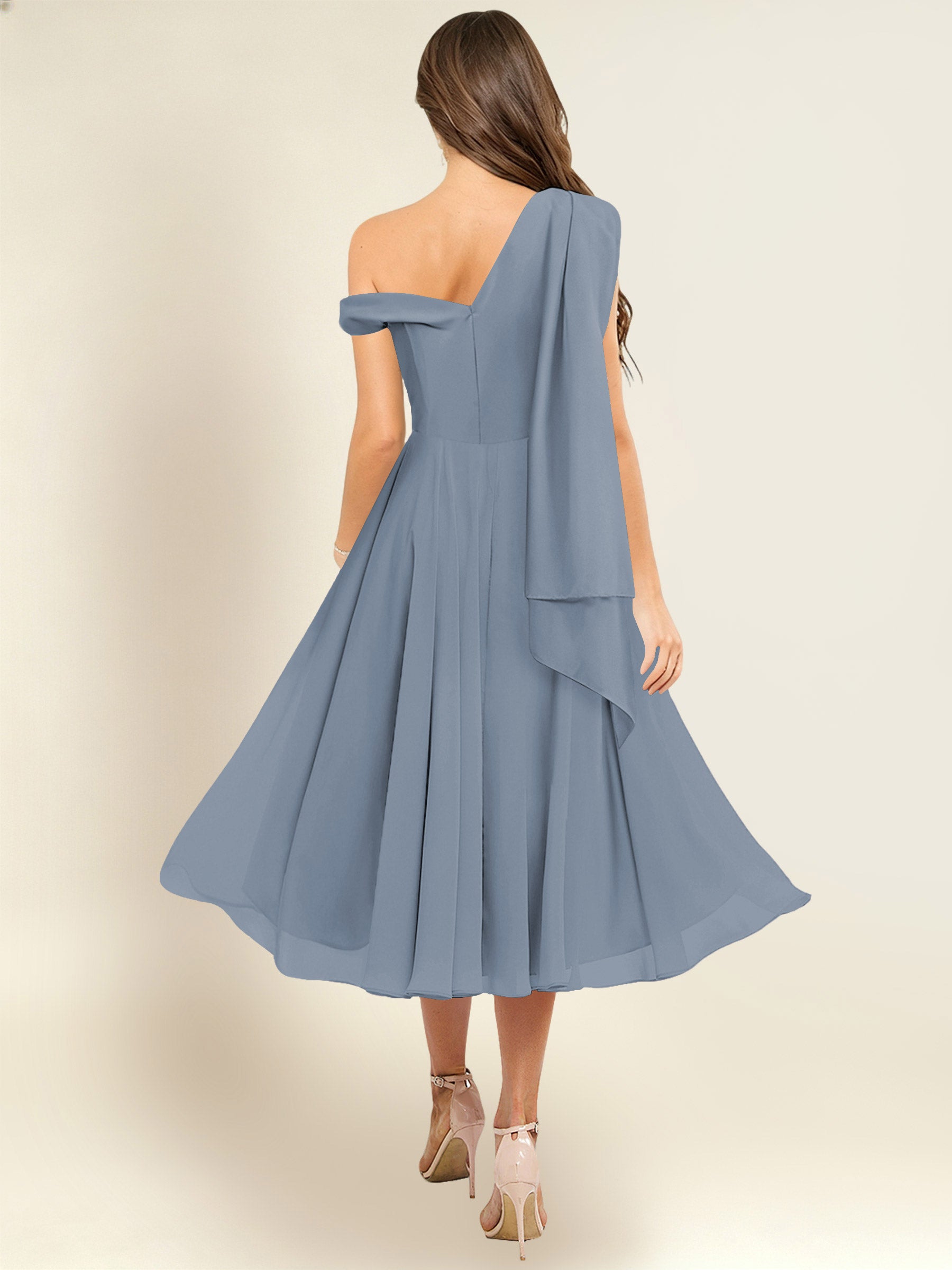 ROVDESY A-Line One Shoulder Pleated Chiffon Bridesmaid Dress With Flowing Sash
