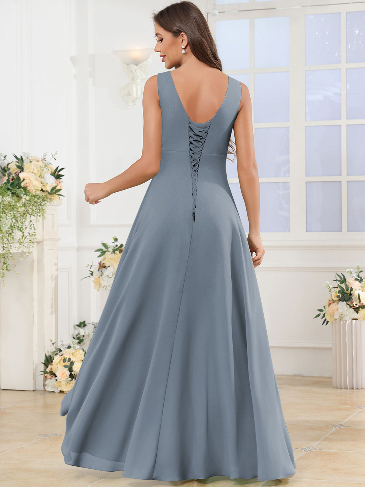 V Neck Chiffon A Line Ruffle Bridesmaid Dress with Slit