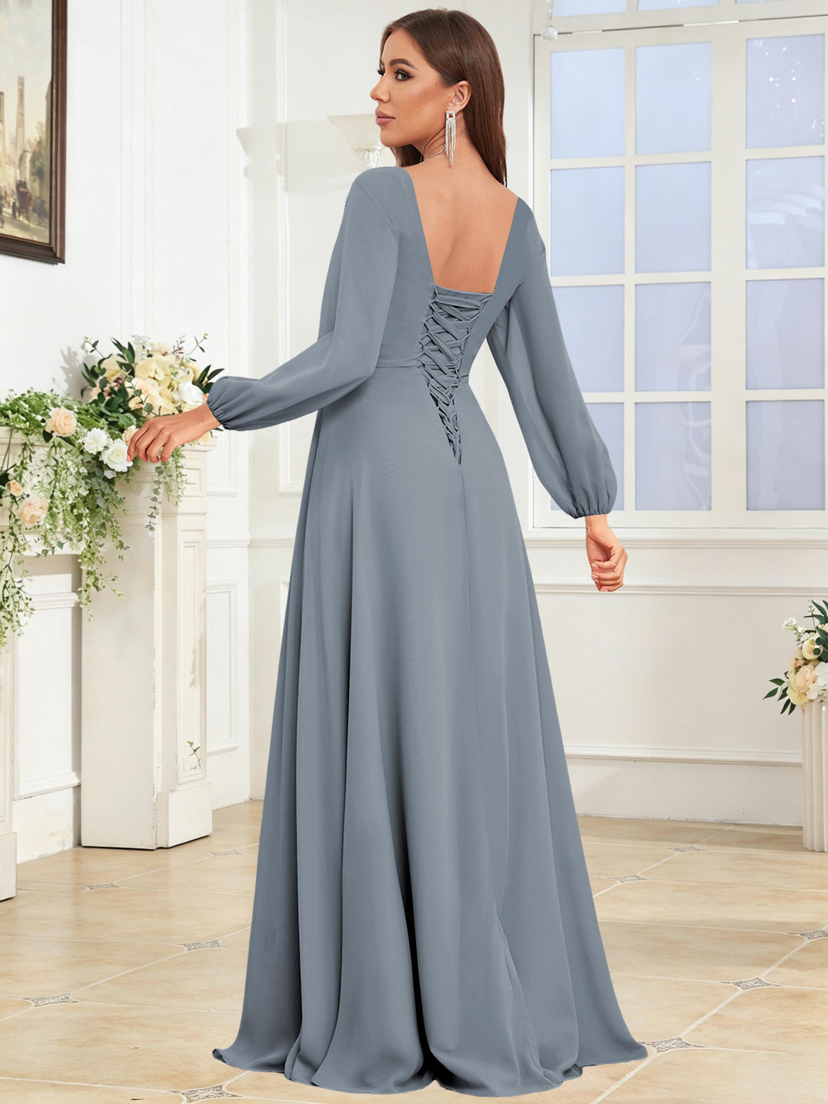 V Neck Chiffon Long Sleeve Bridesmaid Dresses with Slit
