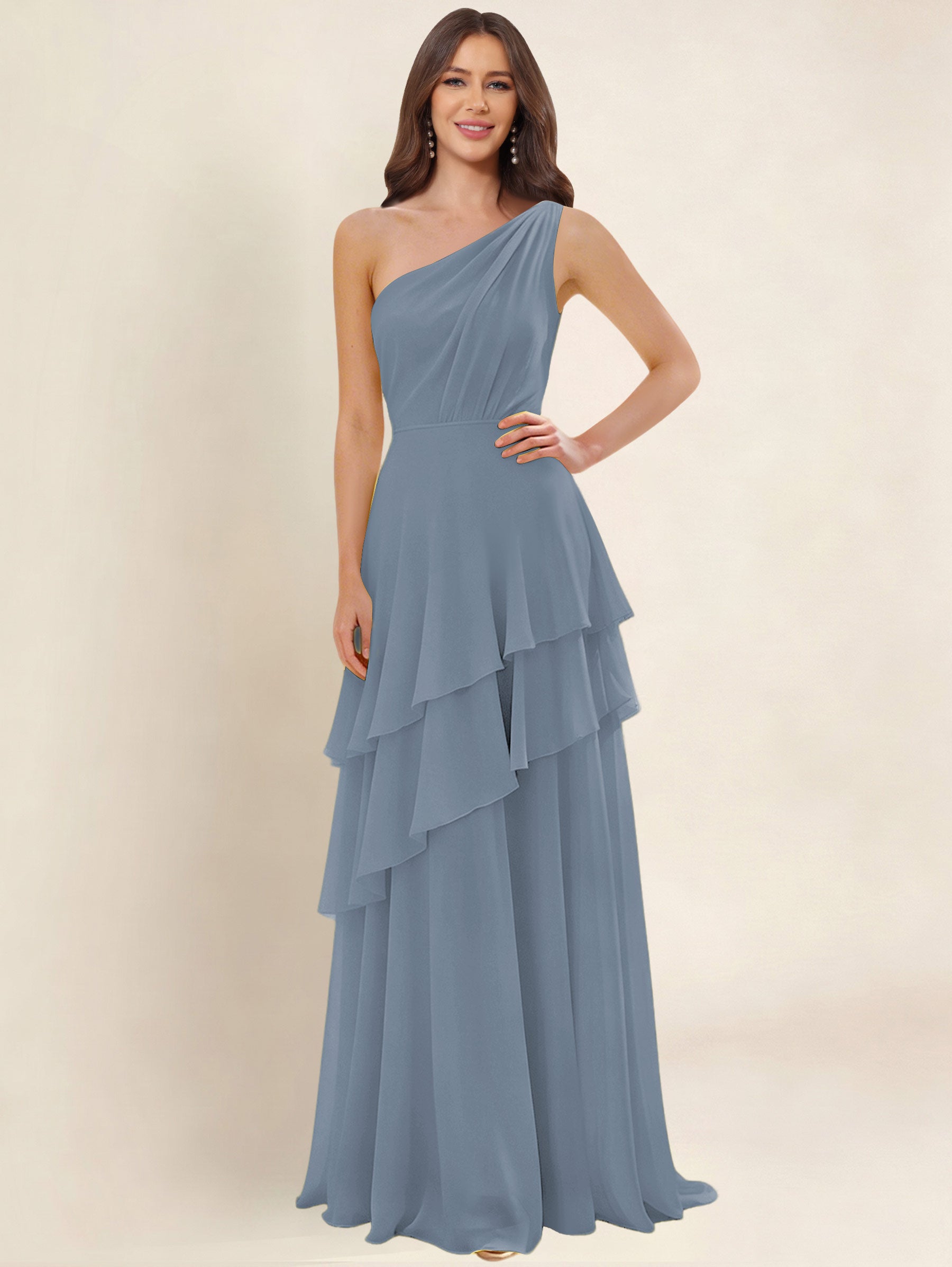 ROVDESY A-Line One Shoulder Pleated Tiered Chiffon Bridesmaid Dress