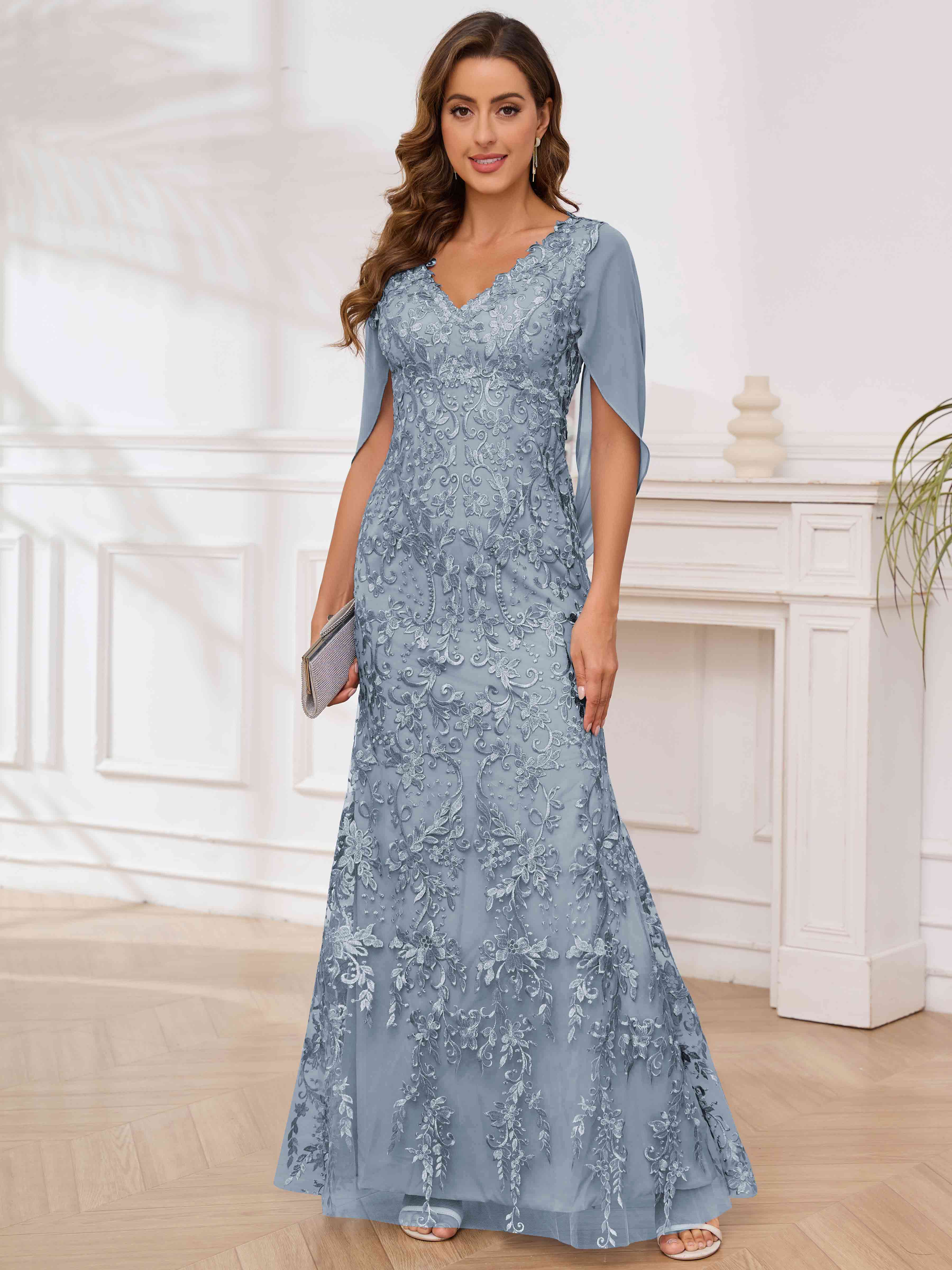 ROVDESY V-Neck Lace Mermaid Mother Of The Bride Dress With Cape Sleeves Long Formal Gown