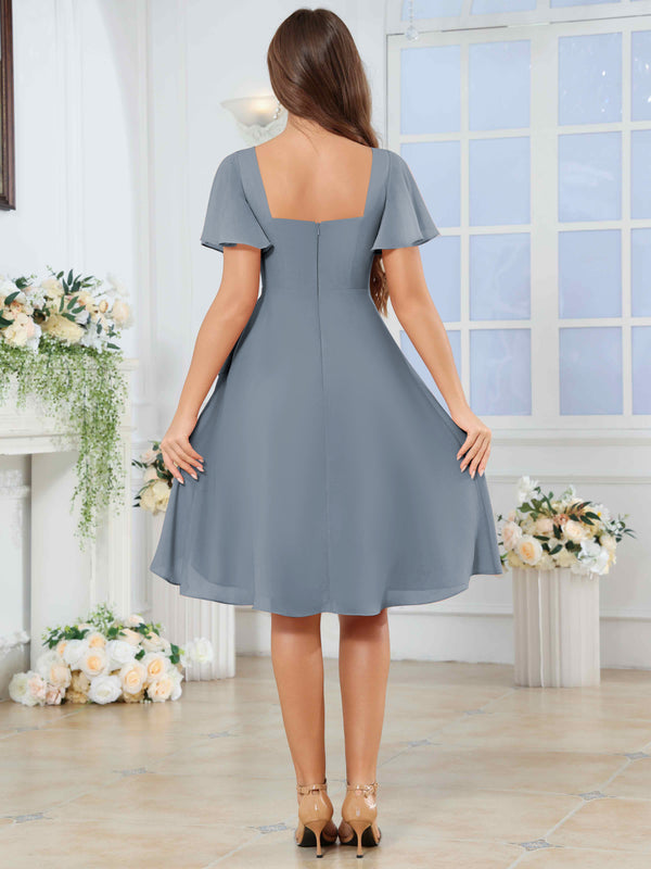 Knee Length V-Neck Pleated Chiffon Bridesmaid Dress With Short Sleeves