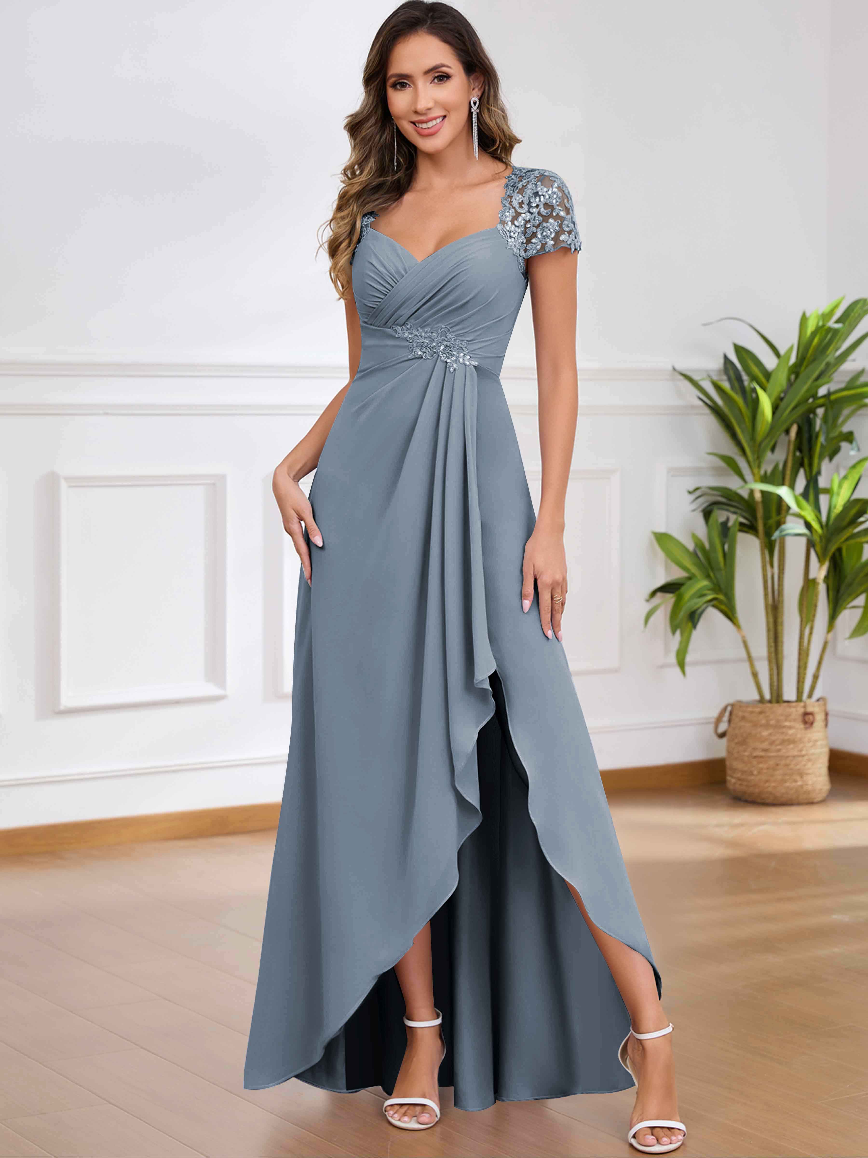 ROVDESY A-Line Pleated Lace Sequin Ruffle Chiffon Mother Of The Bride Dress With Slit