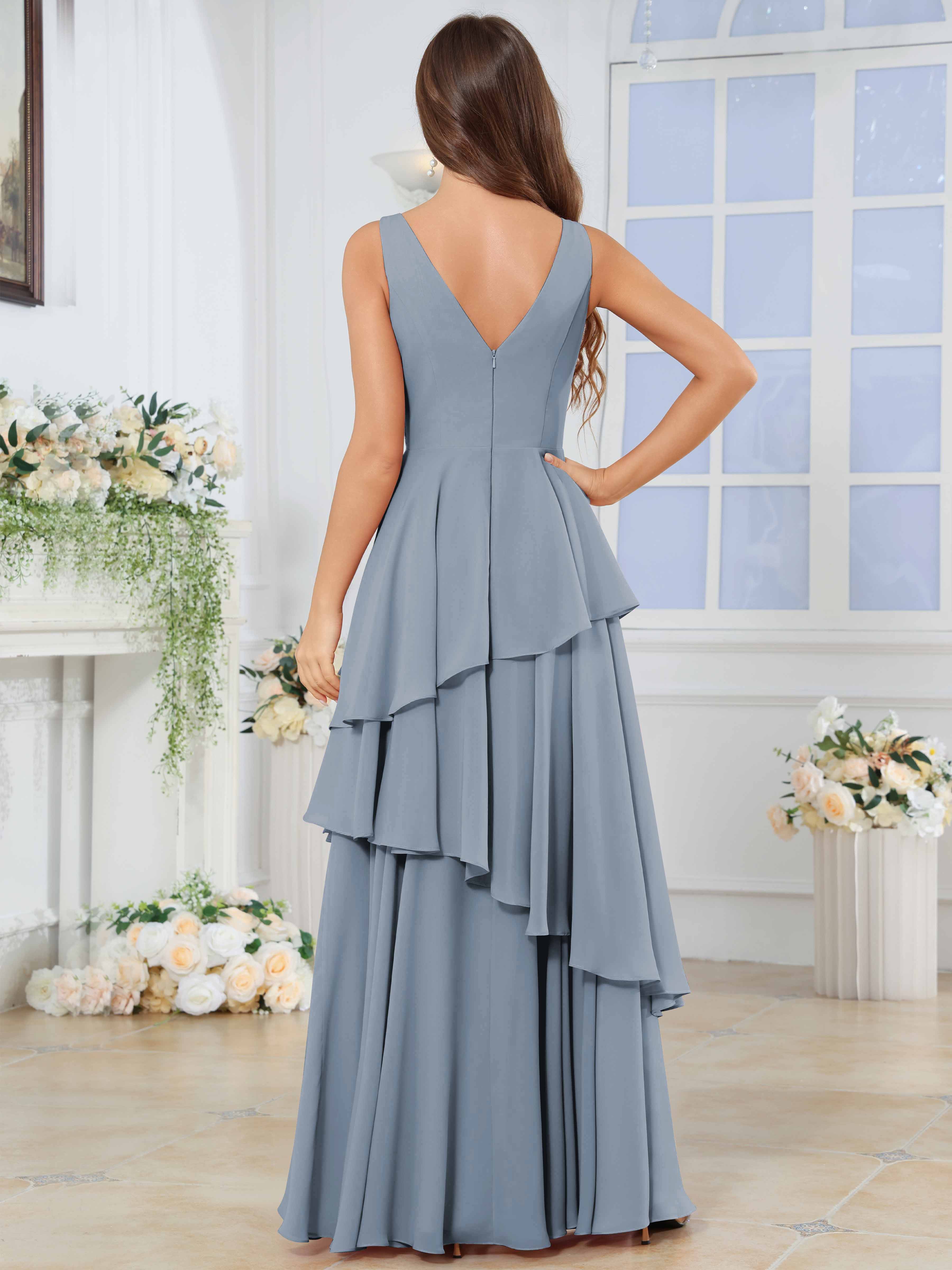 ROVDESY Long Sleeveless V-Neck Tiered Pleated Chiffon Bridesmaid Dress