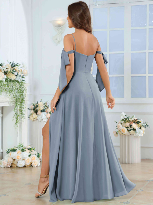 Spaghetti Strap Pleated Ruffle Slit Chiffon Bridesmaid Dress With Bow Sleeves