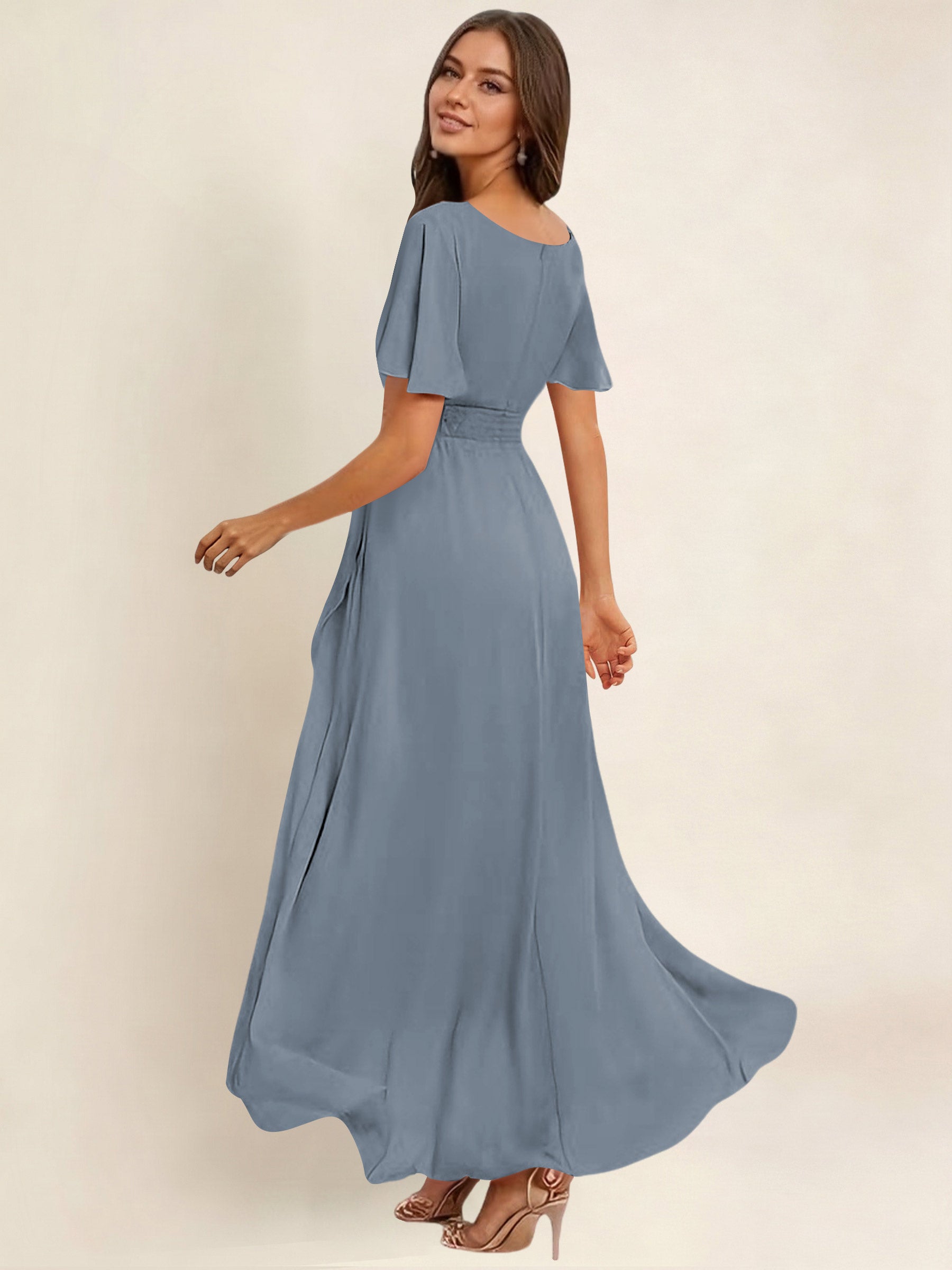 ROVDESY A-Line High Low Round Neck Pleated Ruffle Chiffon Bridesmaid Dress With Short Sleeves