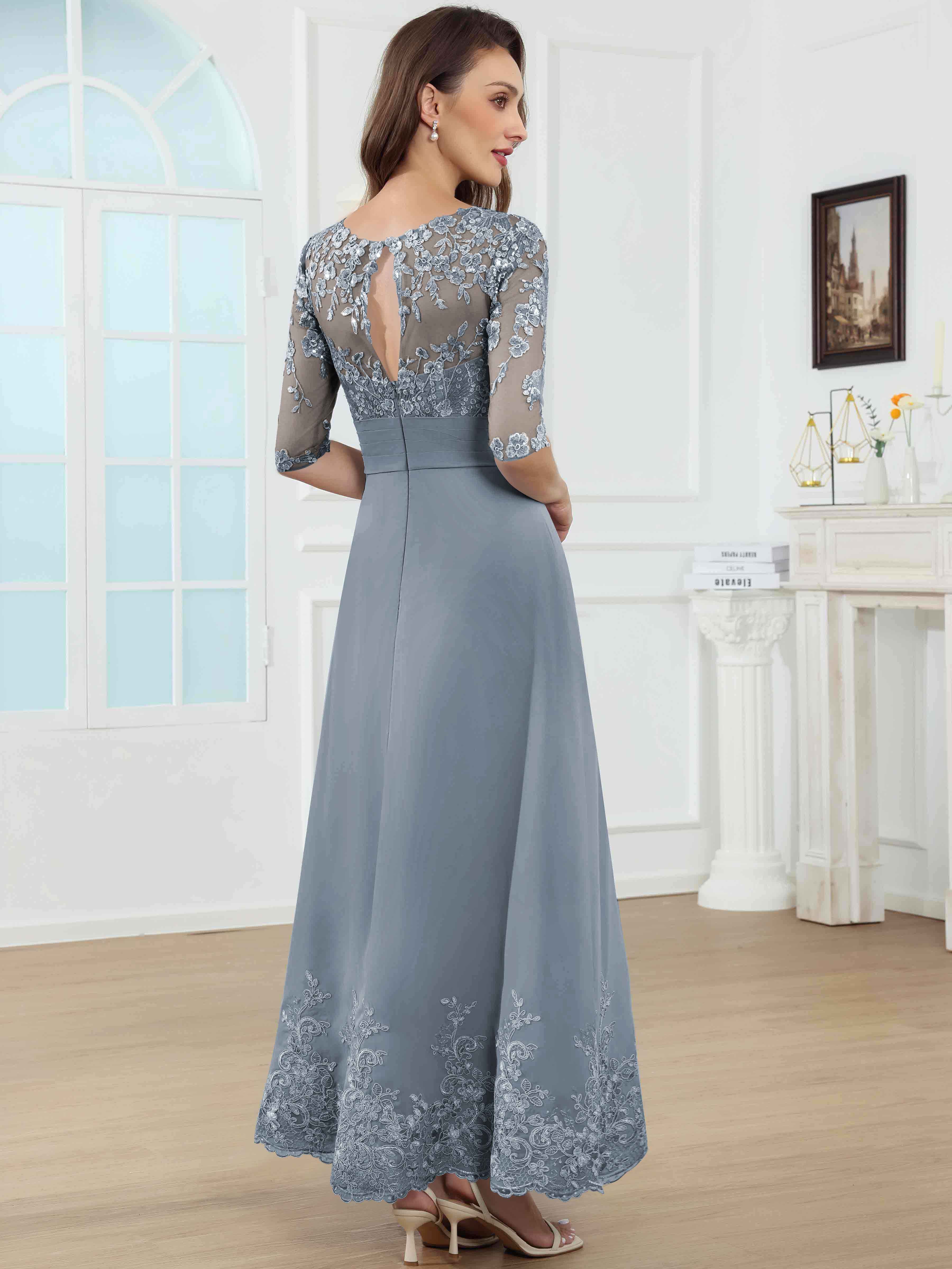 ROVDESY A-Line Lace Sequin Pleated Chiffon Mother Of The Bride Dress With Half Sleeves
