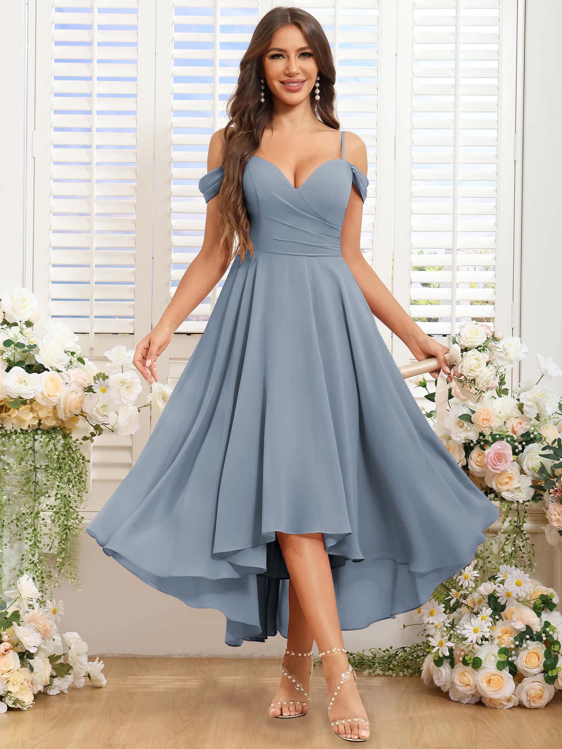 ROVDESY ROVDESY Short Cold Shoulder Sweetheart High Low Pleated Chiffon Bridesmaid Dress