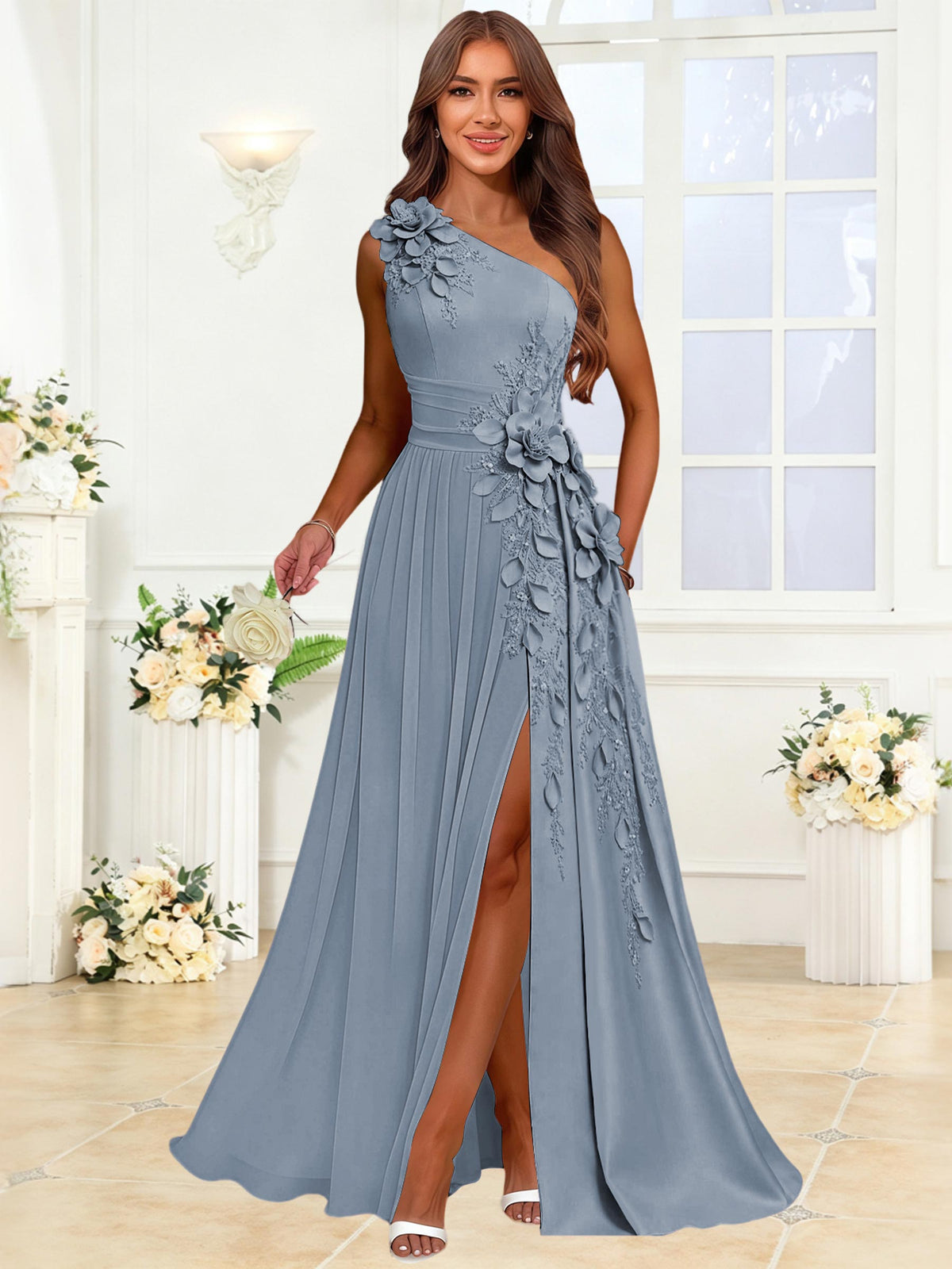 One Shoulder 3D Flower Chiffon Bridesmaid Dress with Slit