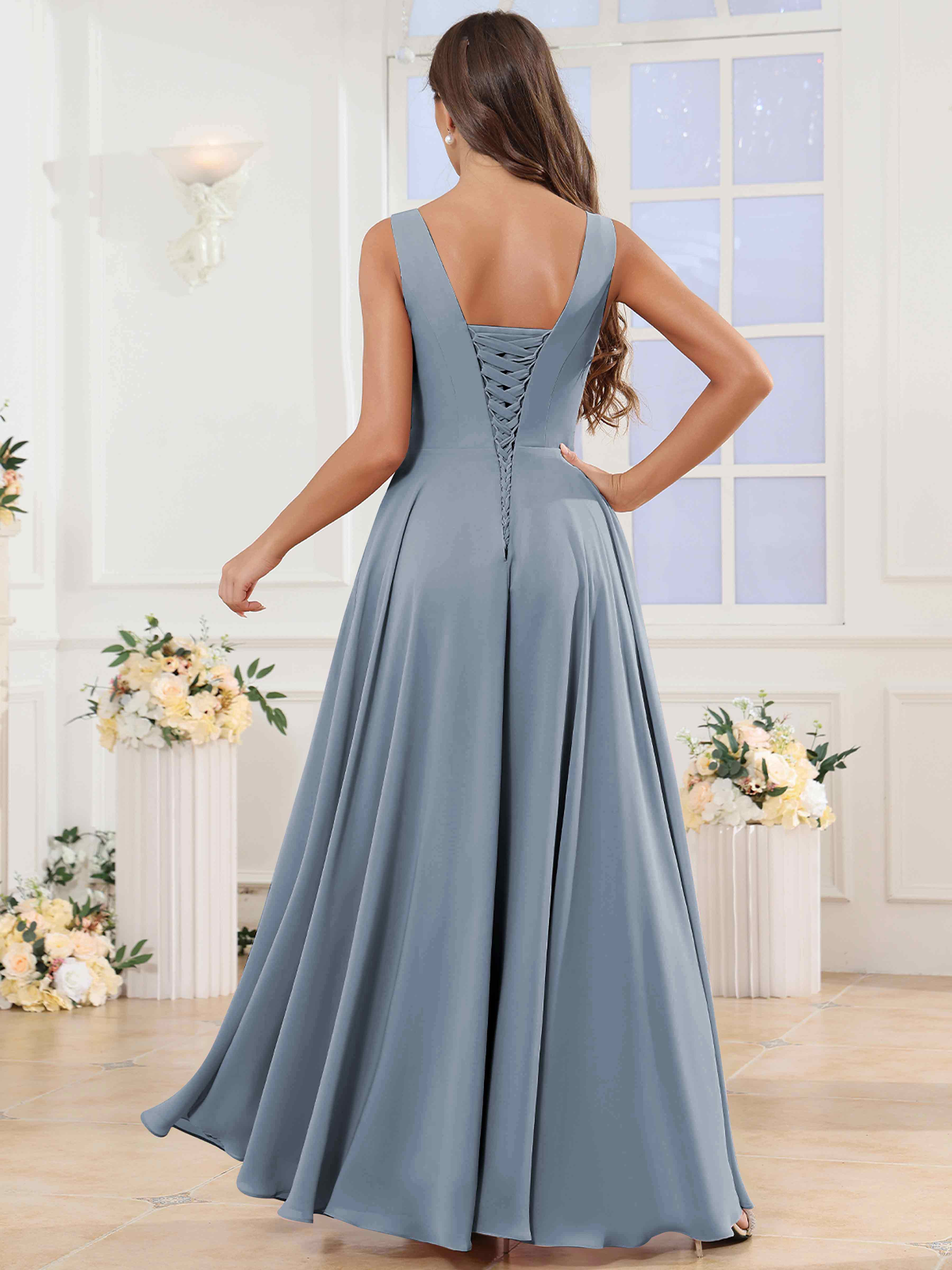 ROVDESY V-Neck Pleated Sleeveless Ruffle Chiffon Bridesmaid Dress With Slit