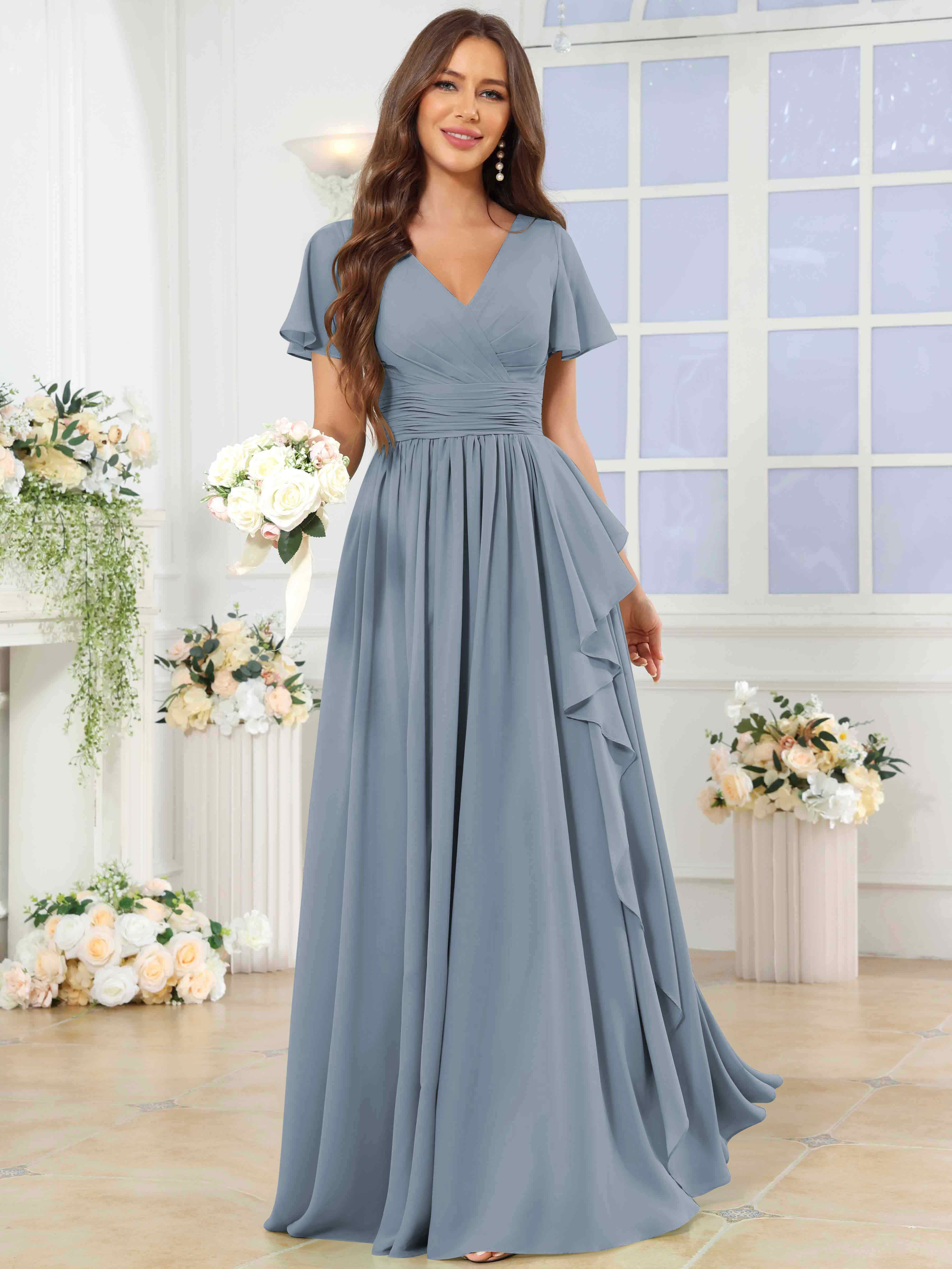 ROVDESY A-Line V-Neck Slit Pleated Ruffle Chiffon Bridesmaid Dress With Short Sleeves