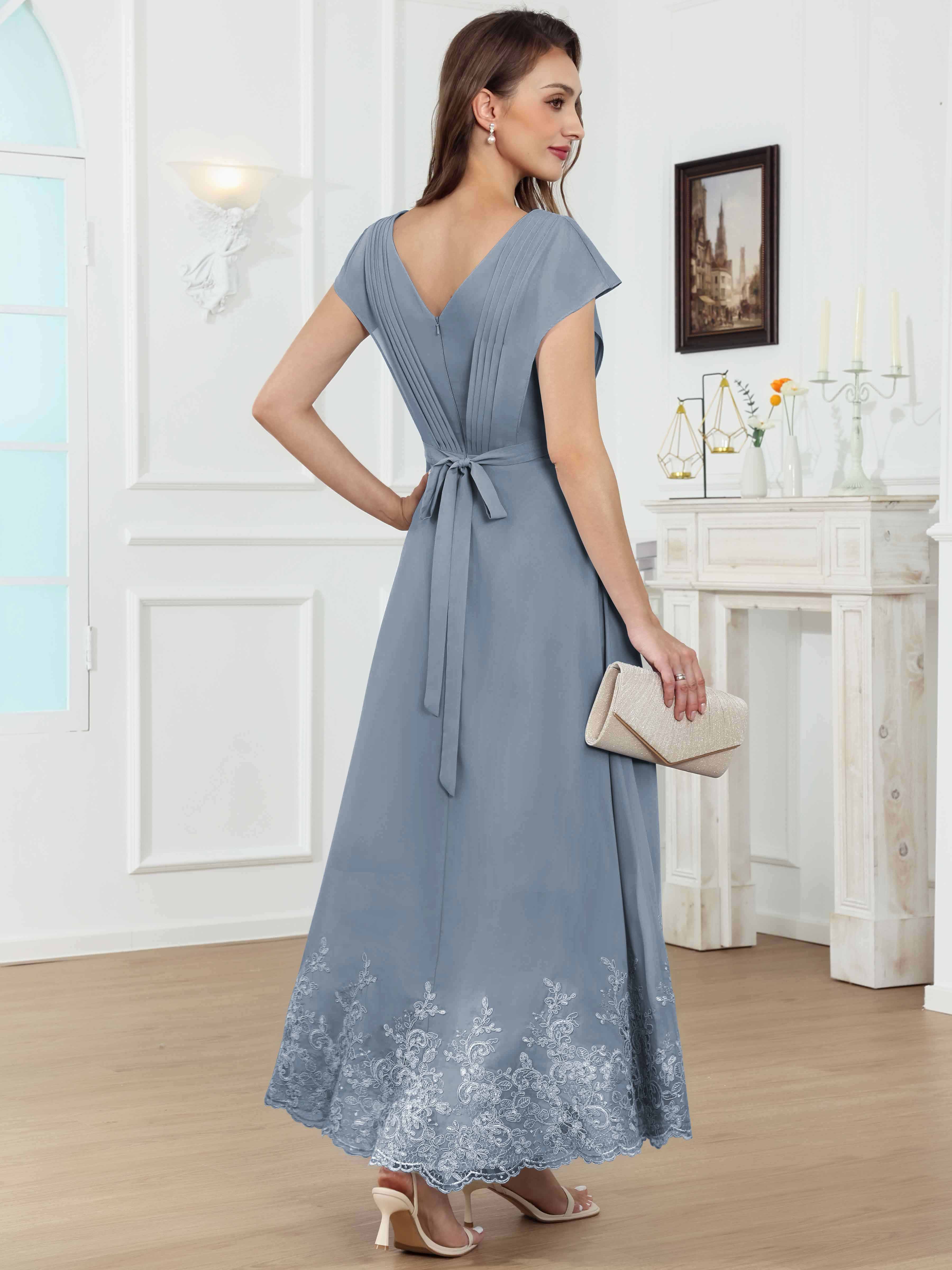 ROVDESY Tea Length High-Low V-Neck Ruched Lace Chiffon Mother of The Bride Dress for Women